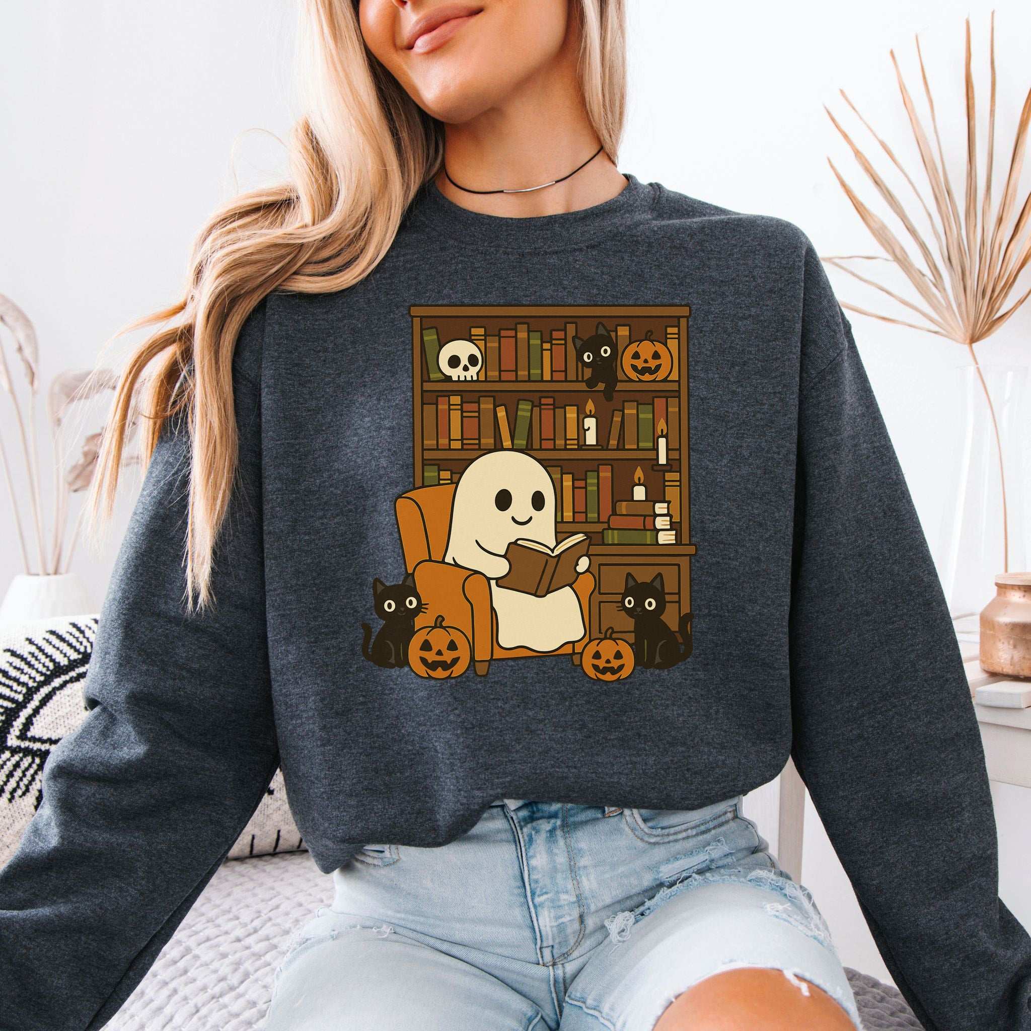 Ghost & Black Cats Reading Sweatshirt – Cozy Halloween Library Magic