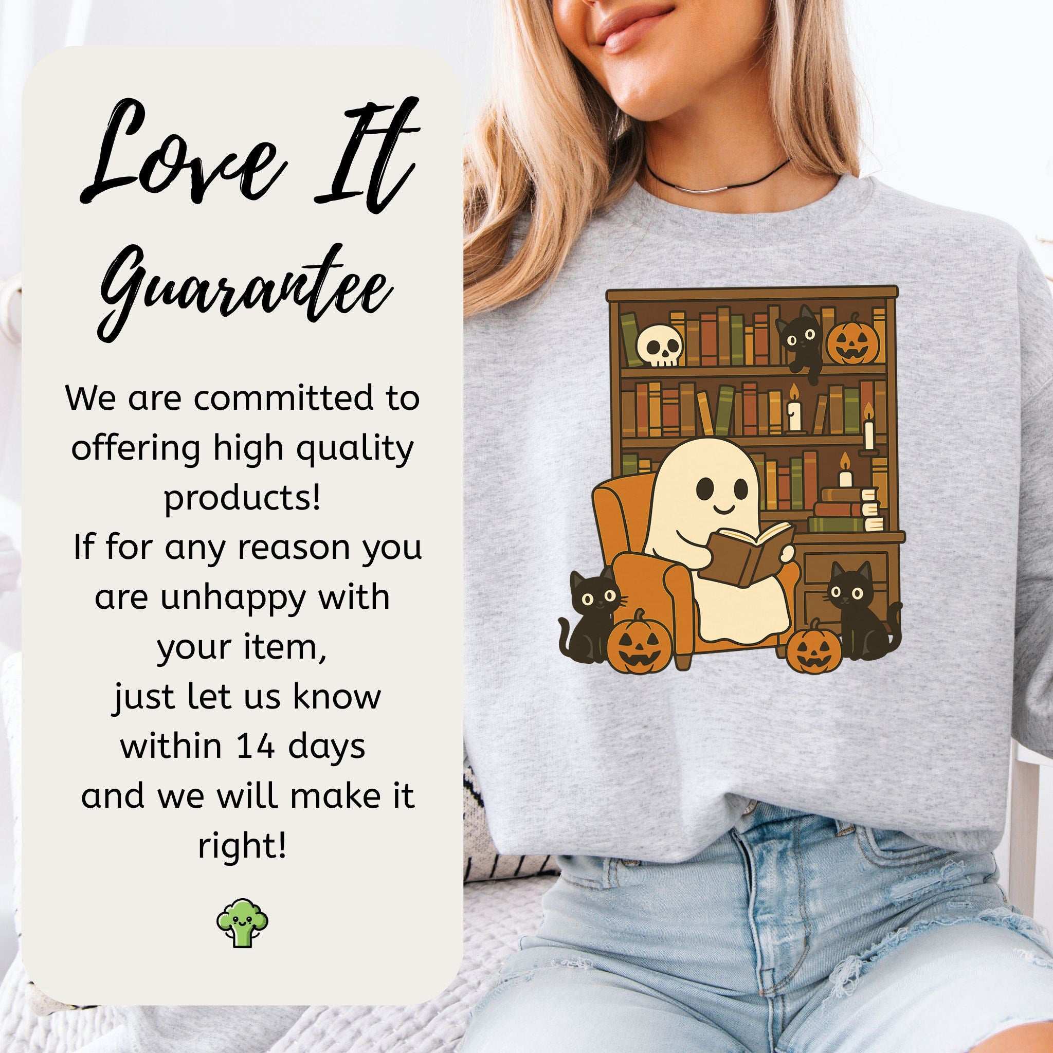 Ghost & Black Cats Reading Sweatshirt – Cozy Halloween Library Magic