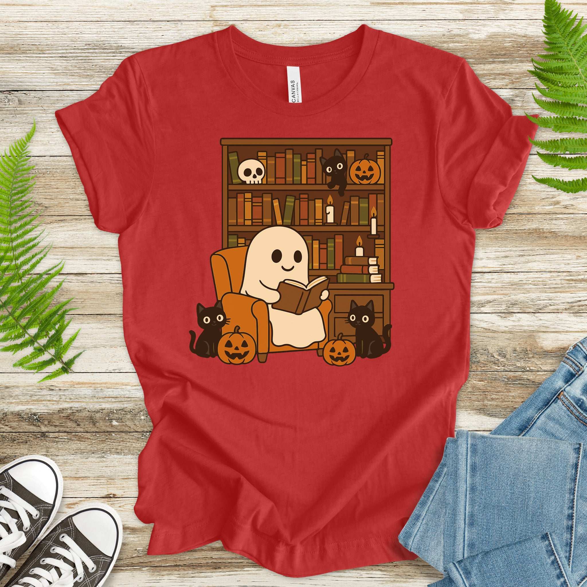 Ghost & Black Cats Reading T-Shirt – Cozy Halloween Library Vibes Tee