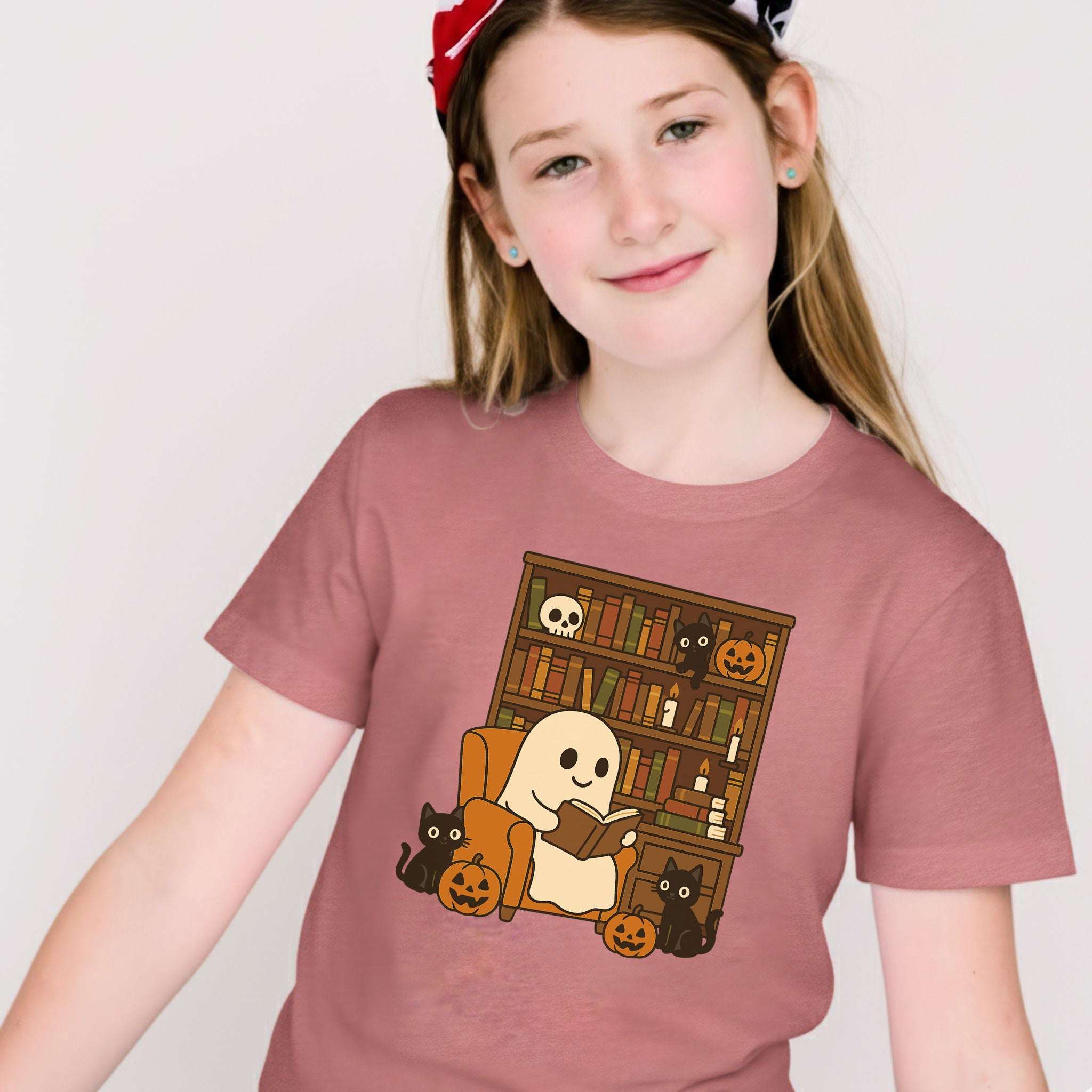 Ghost & Black Cats Reading Youth Tee – Cozy Halloween Library Vibes