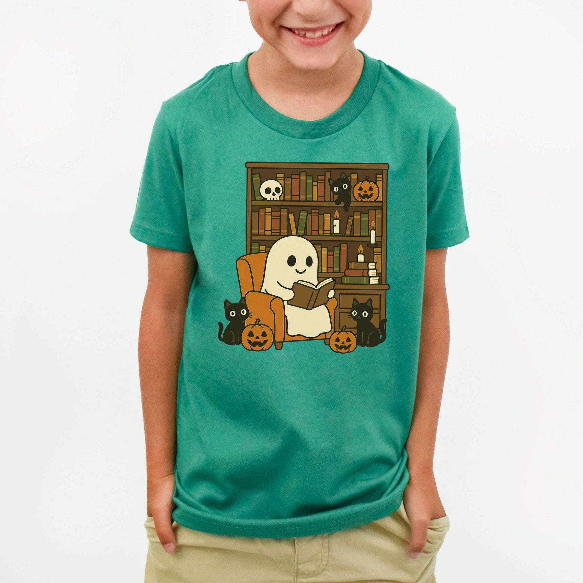 Ghost & Black Cats Reading Youth Tee – Cozy Halloween Library Vibes