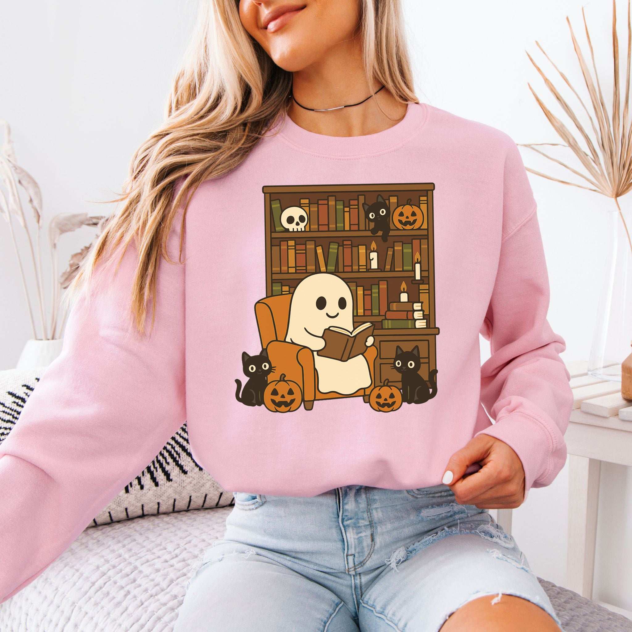 Ghost & Black Cats Reading Sweatshirt – Cozy Halloween Library Magic