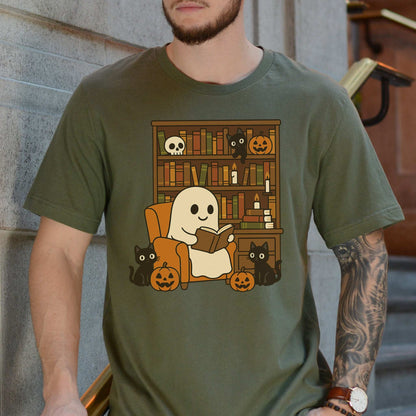 Ghost & Black Cats Reading T-Shirt – Cozy Halloween Library Vibes Tee