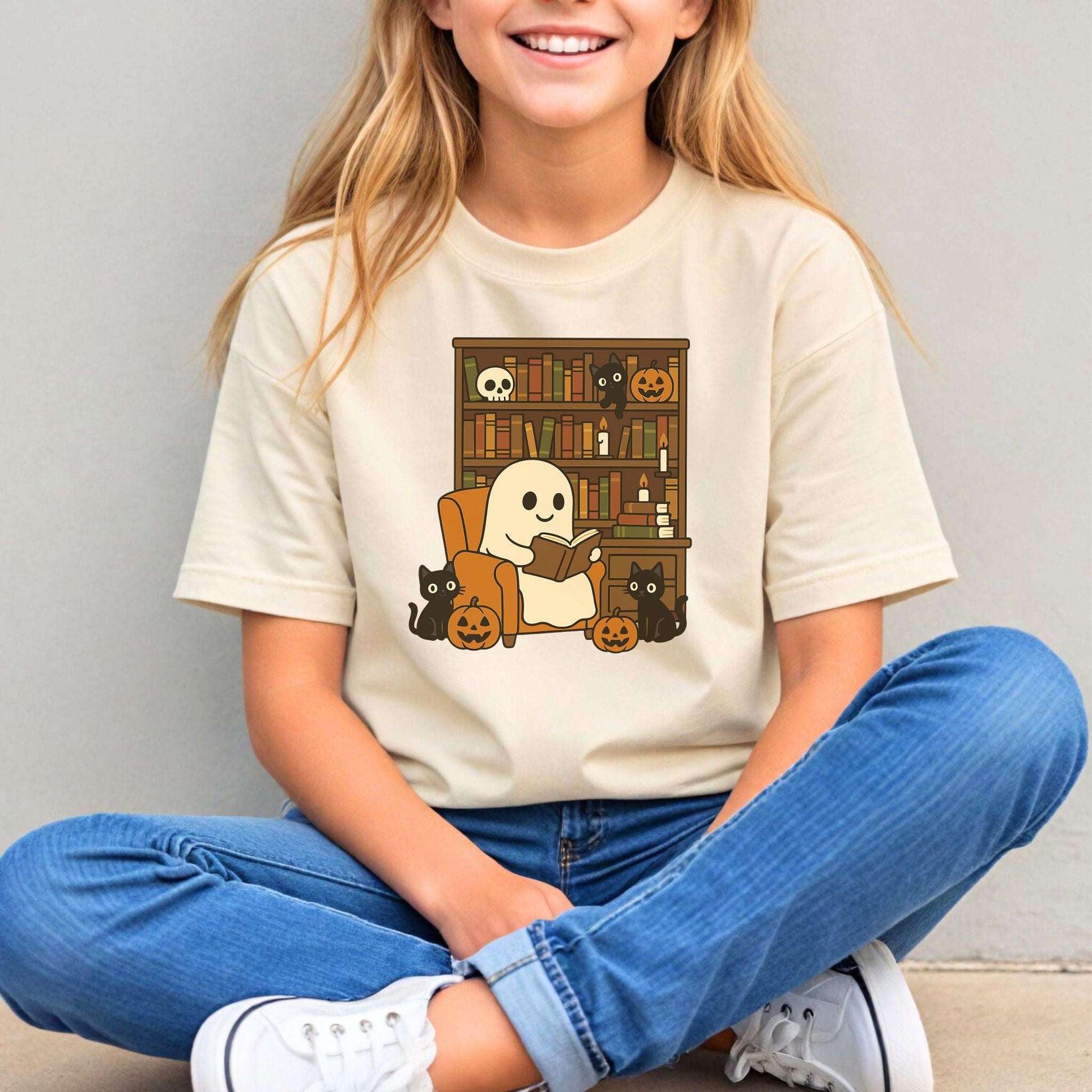 Ghost & Black Cats Reading Youth Tee – Cozy Halloween Library Vibes