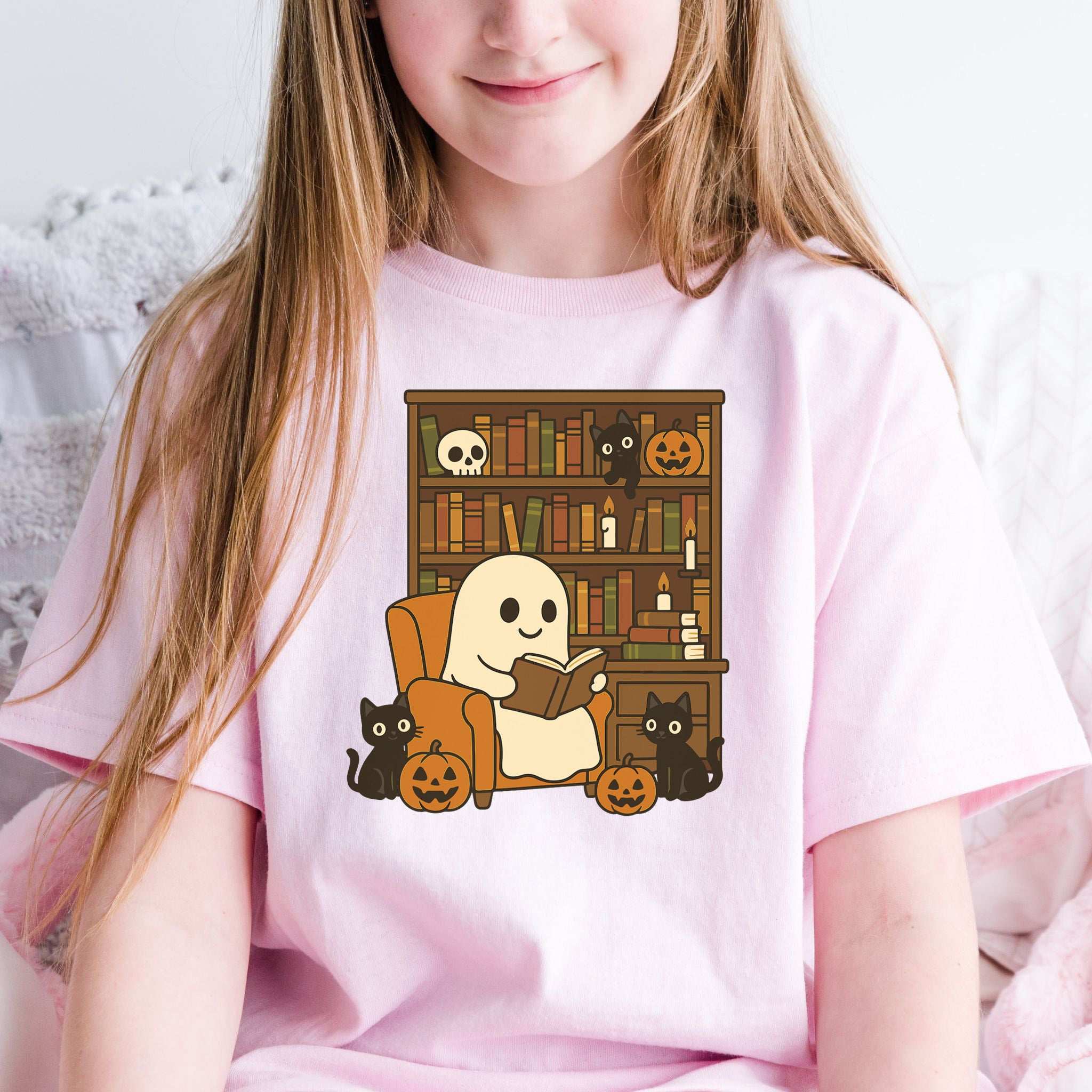 Ghost & Black Cats Reading Youth Tee – Cozy Halloween Library Vibes
