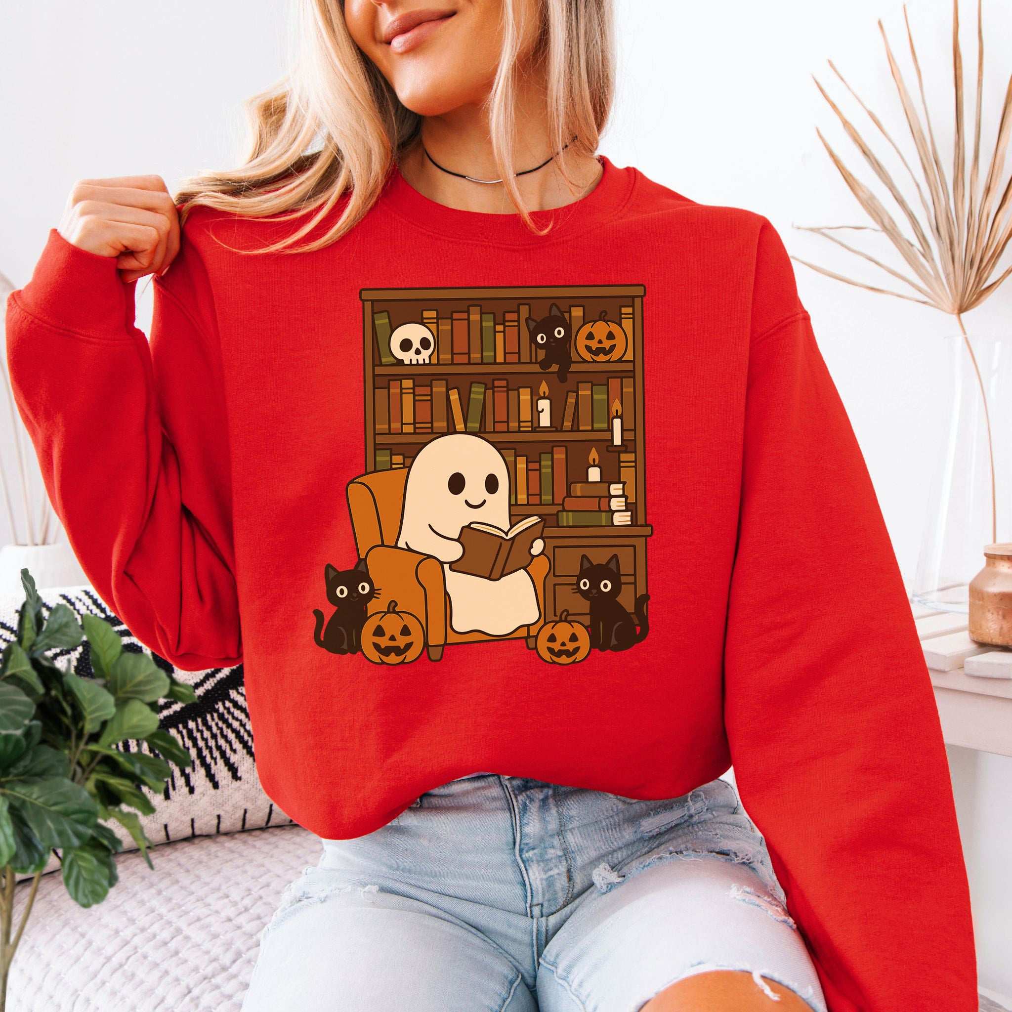 Ghost & Black Cats Reading Sweatshirt – Cozy Halloween Library Magic