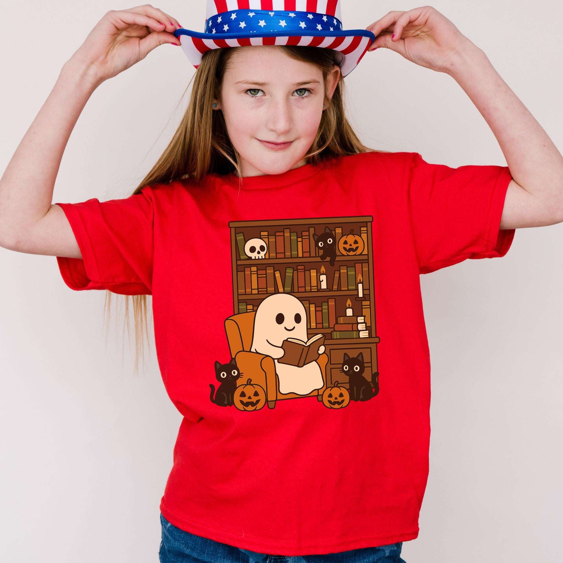 Ghost & Black Cats Reading Youth Tee – Cozy Halloween Library Vibes