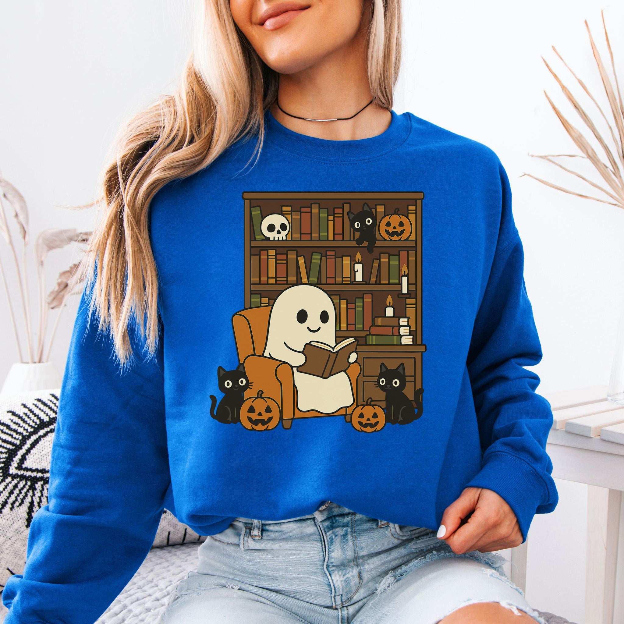 Ghost & Black Cats Reading Sweatshirt – Cozy Halloween Library Magic