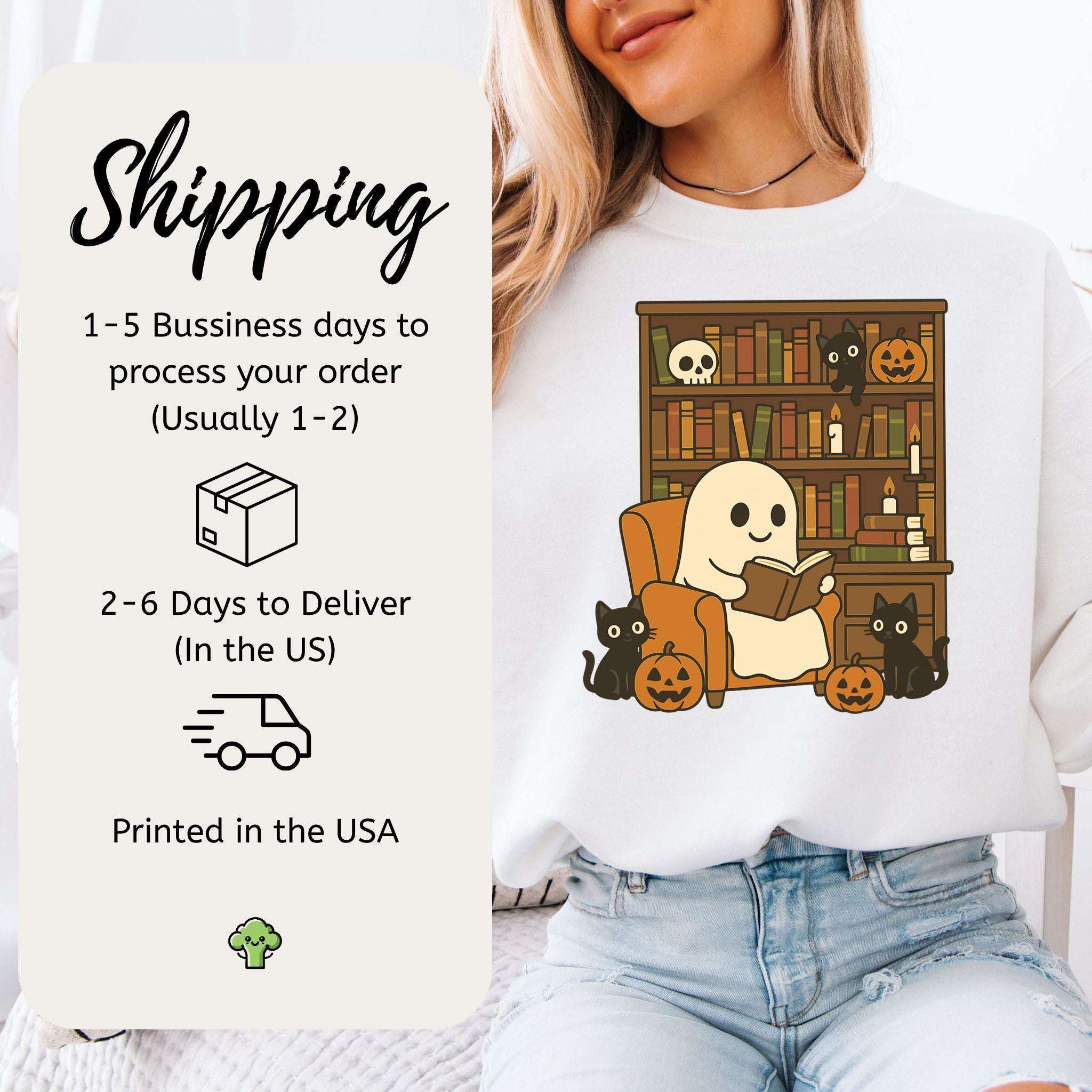 Ghost & Black Cats Reading Sweatshirt – Cozy Halloween Library Magic