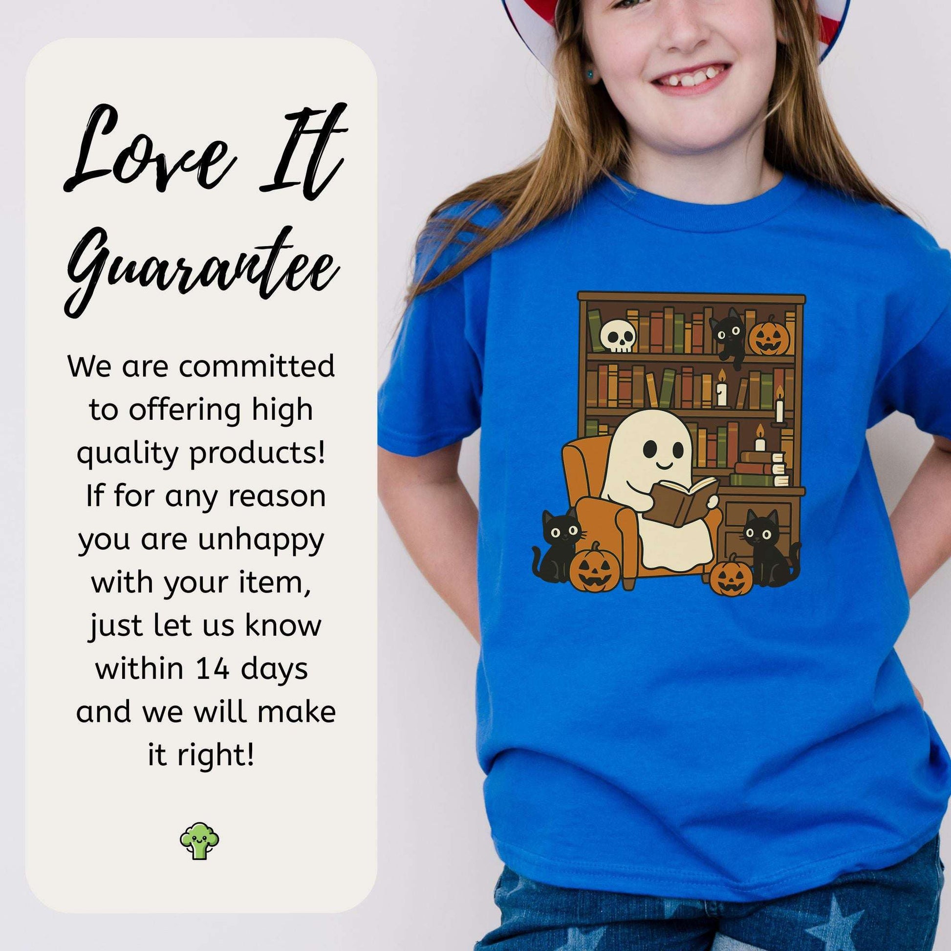 Ghost & Black Cats Reading Youth Tee – Cozy Halloween Library Vibes
