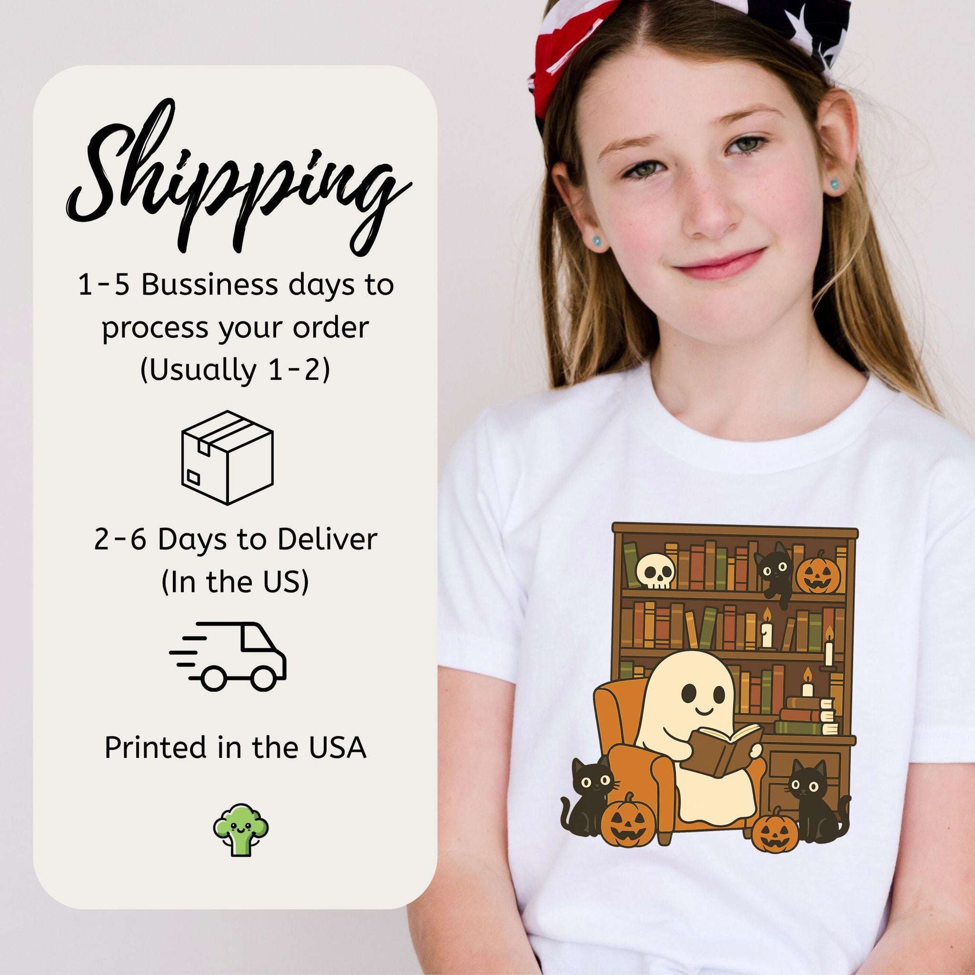 Ghost & Black Cats Reading Youth Tee – Cozy Halloween Library Vibes