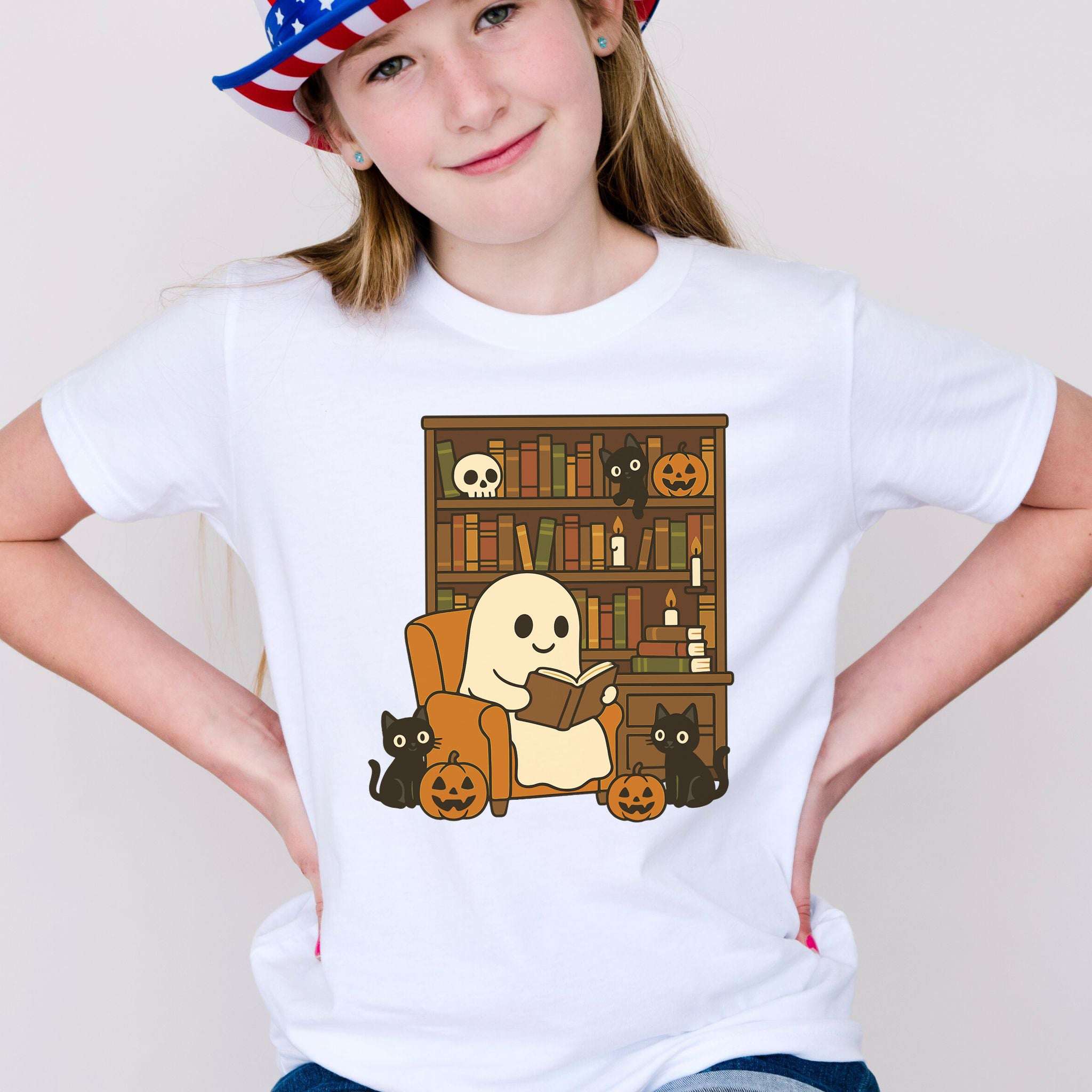 Ghost & Black Cats Reading Youth Tee – Cozy Halloween Library Vibes
