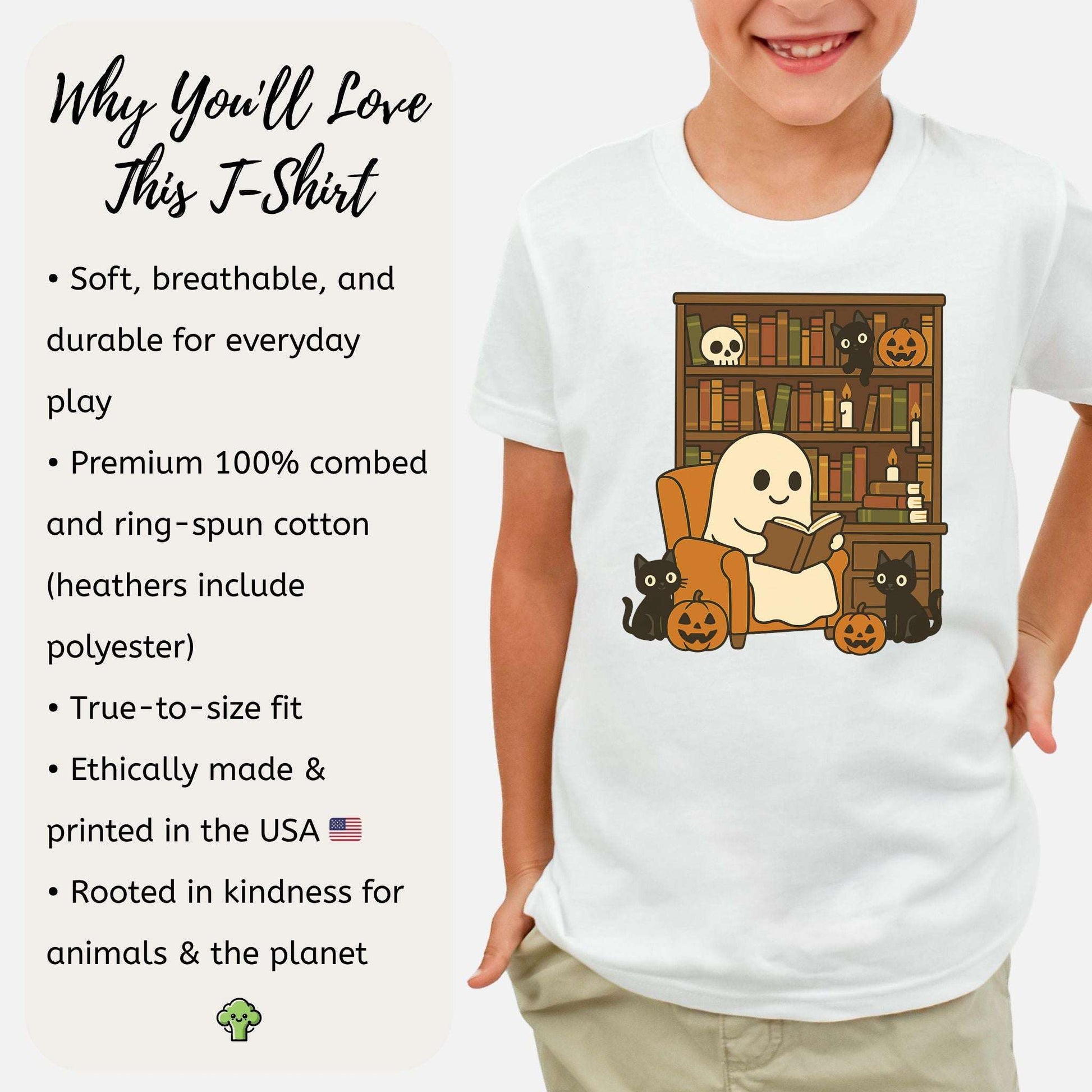 Ghost & Black Cats Reading Youth Tee – Cozy Halloween Library Vibes