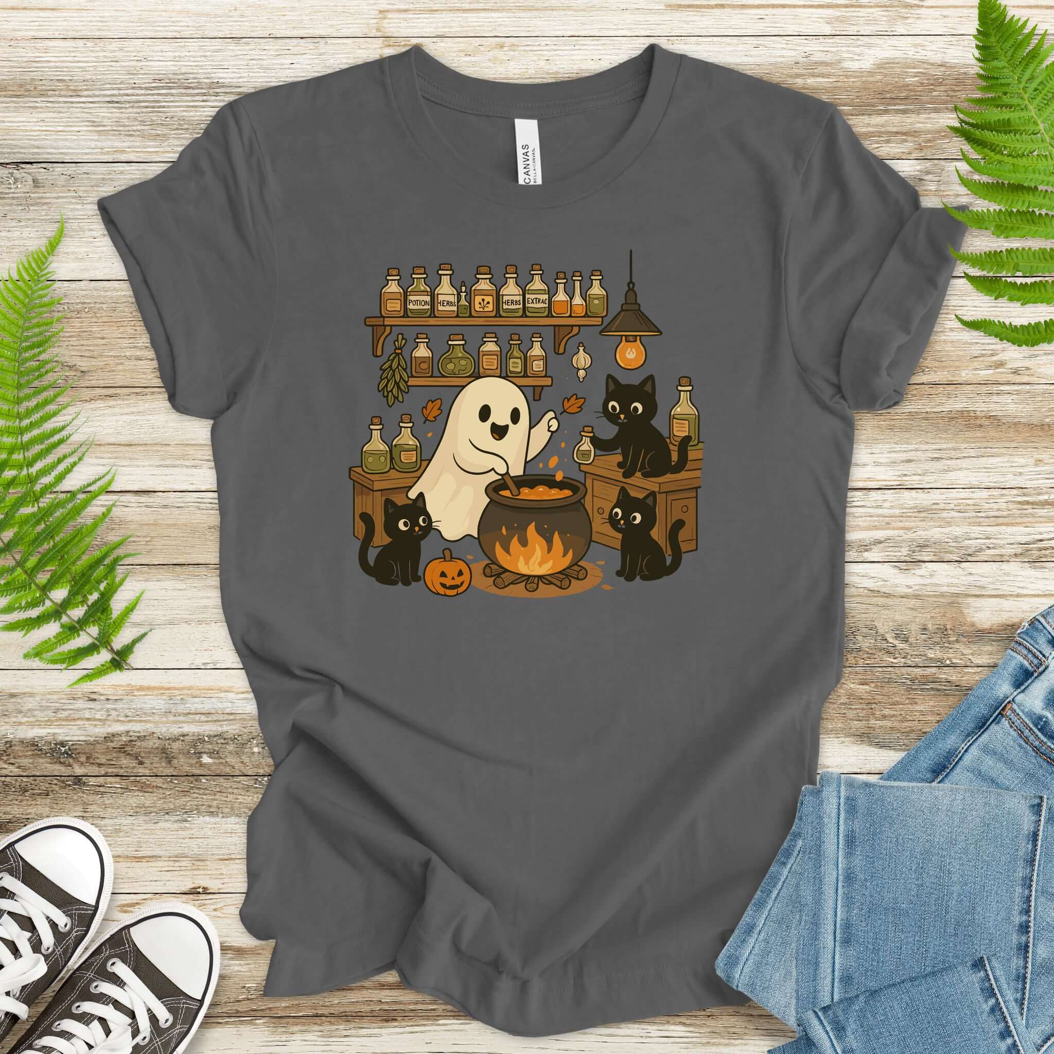 Ghost and Black Cats Halloween T-Shirt – Cute Cat Lover Spooky Season Gift
