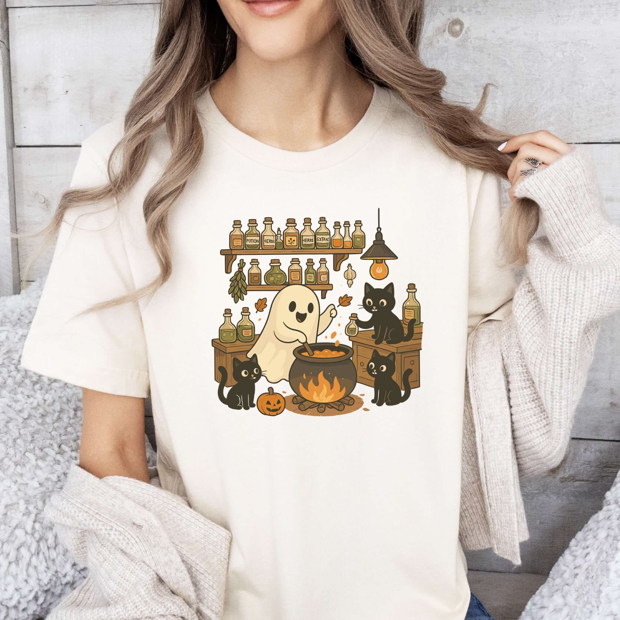 Ghost and Black Cats Halloween T-Shirt – Cute Cat Lover Spooky Season Gift