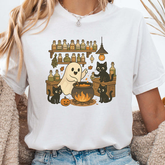 Ghost and Black Cats Halloween T-Shirt – Cute Cat Lover Spooky Season Gift