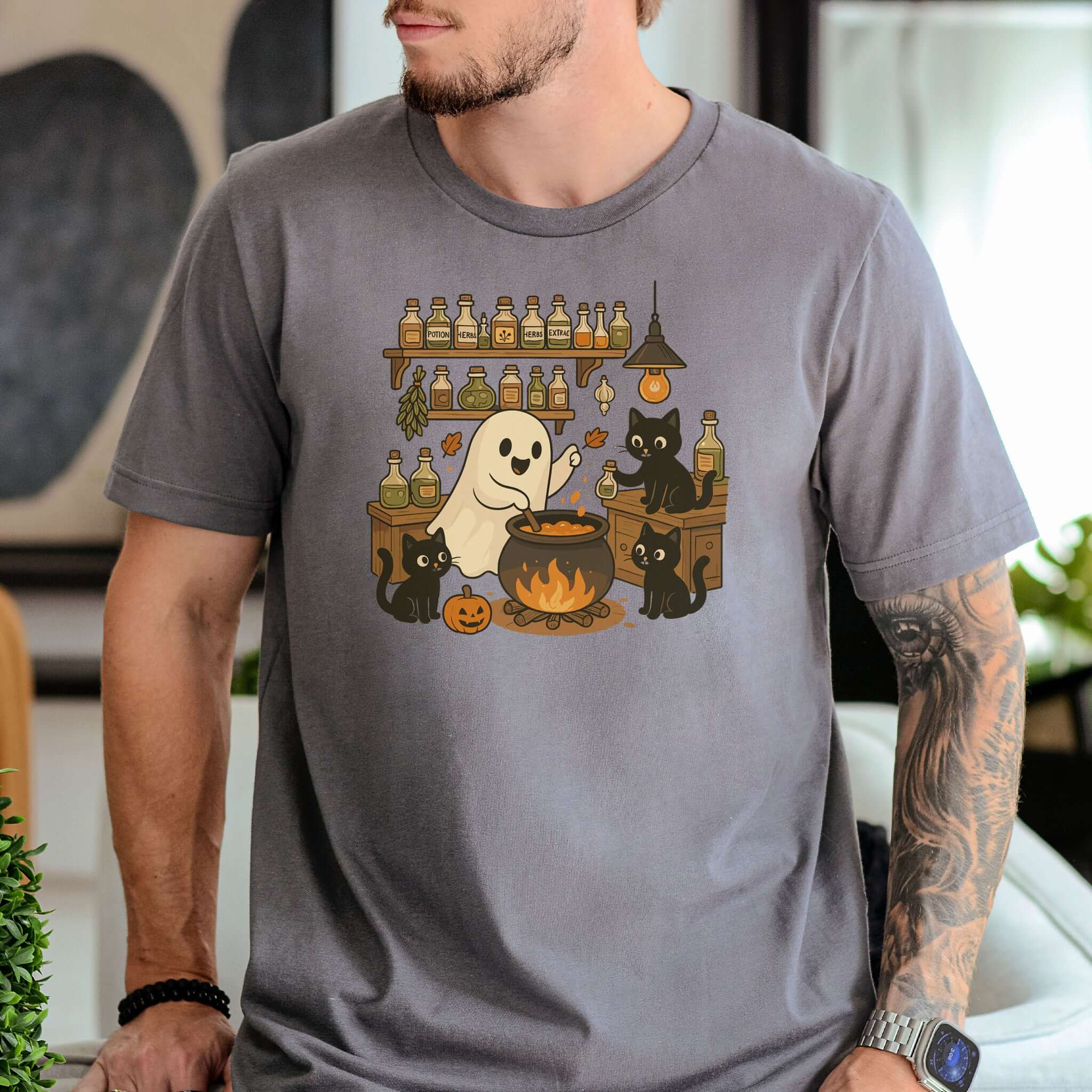 Ghost and Black Cats Halloween T-Shirt – Cute Cat Lover Spooky Season Gift