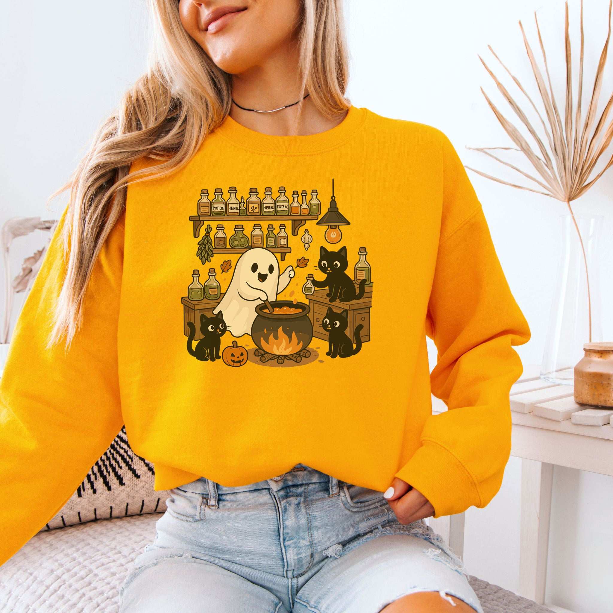 Ghost & Black Cats Cooking Halloween Sweatshirt, cute fall chef sweater with retro ghost and black cats design.