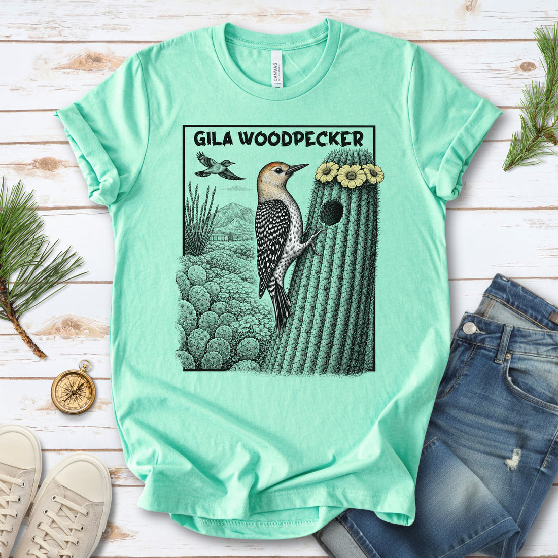 Gila Woodpecker T-Shirt – Desert Bloom Birding Adventure Tee