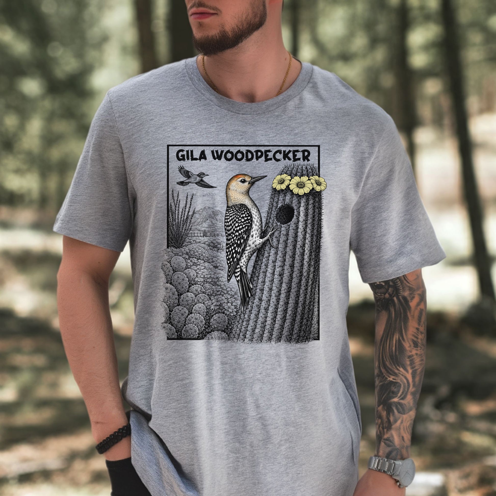 Gila Woodpecker T-Shirt – Desert Bloom Birding Adventure Tee
