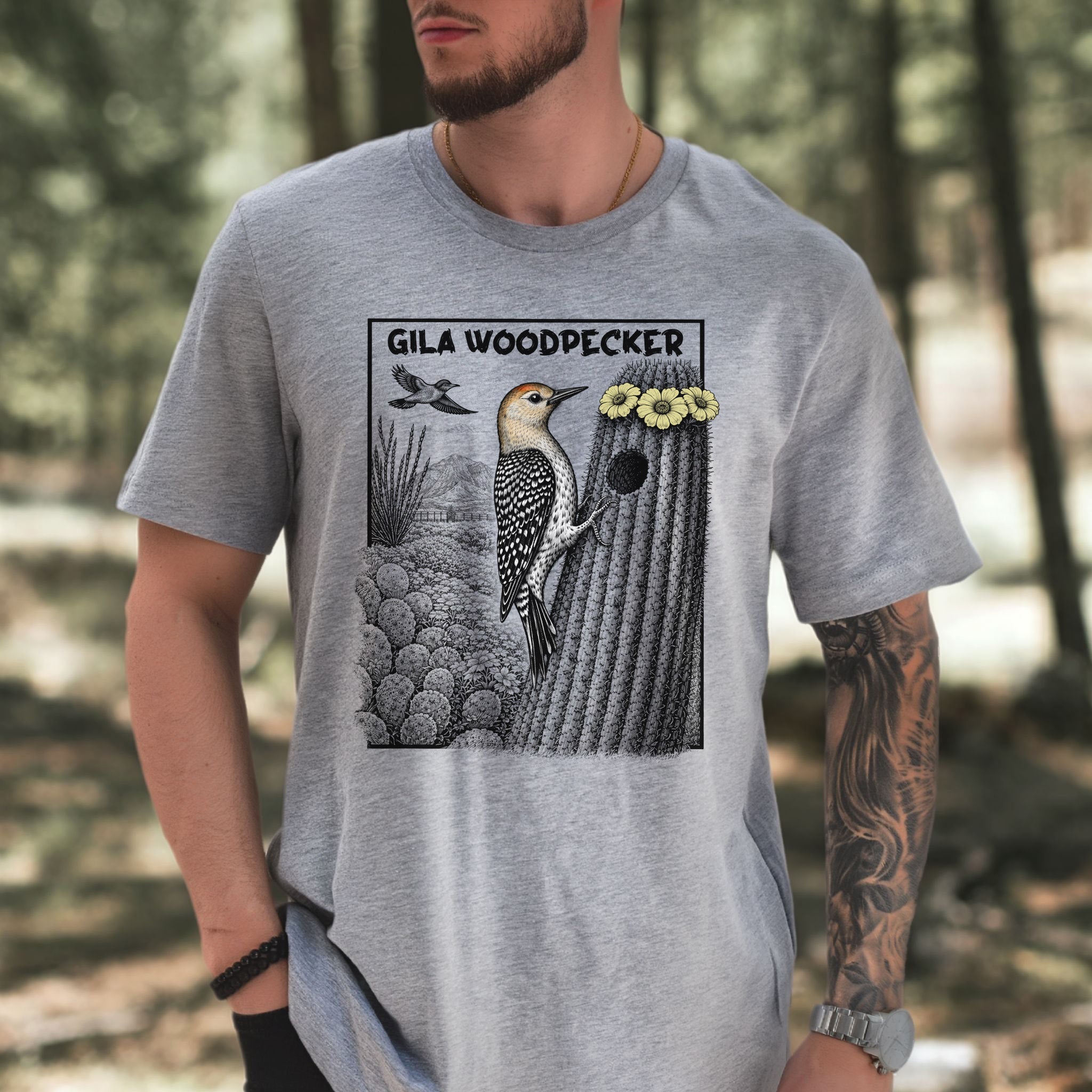 Gila Woodpecker T-Shirt – Desert Bloom Birding Adventure Tee