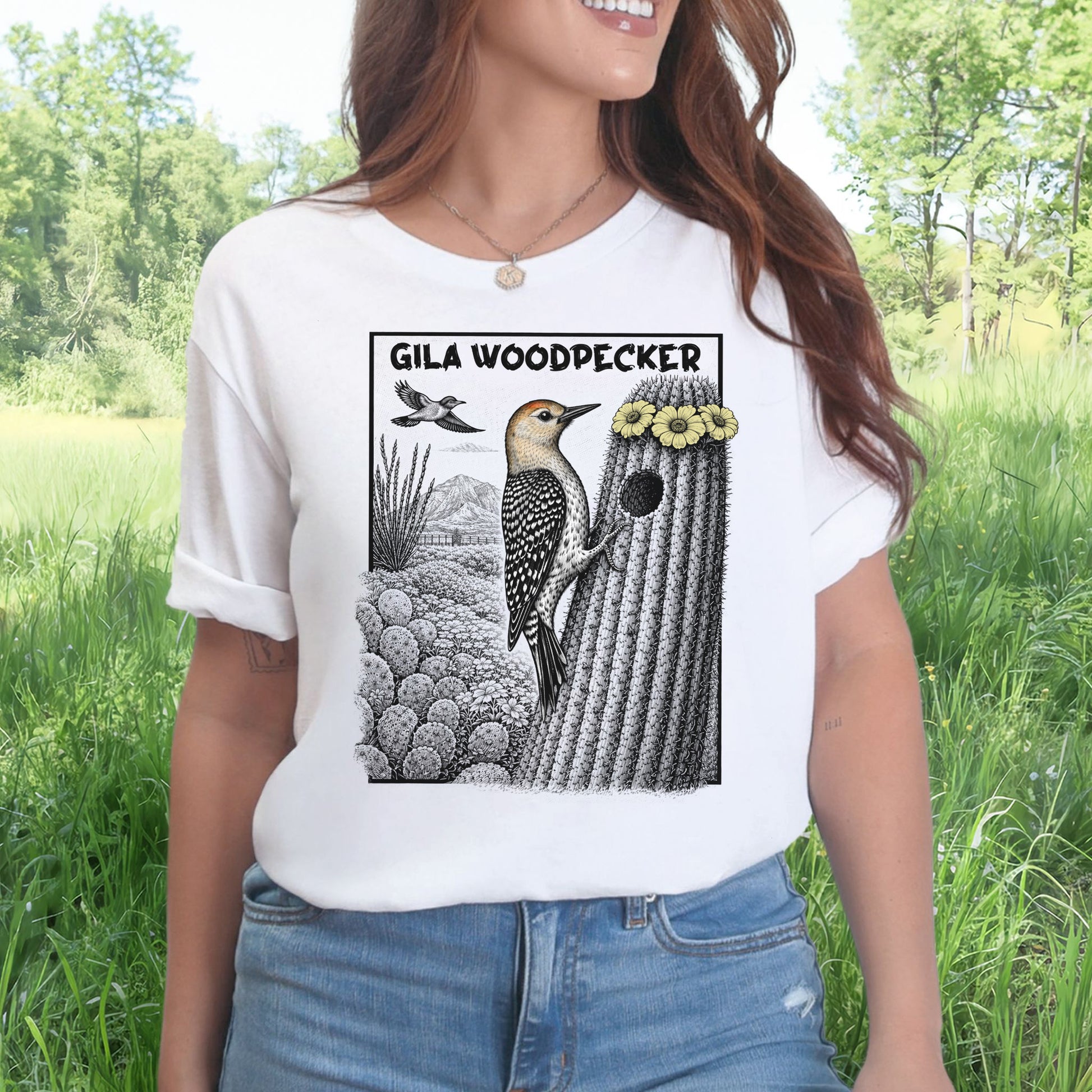 Gila Woodpecker T-Shirt – Desert Bloom Birding Adventure Tee