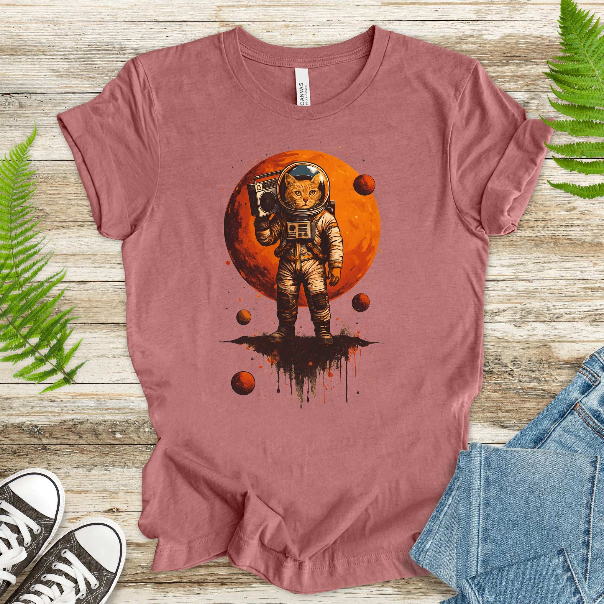 Boombox Cat Astronaut T-Shirt – Retro Space Funk Galaxy Tee