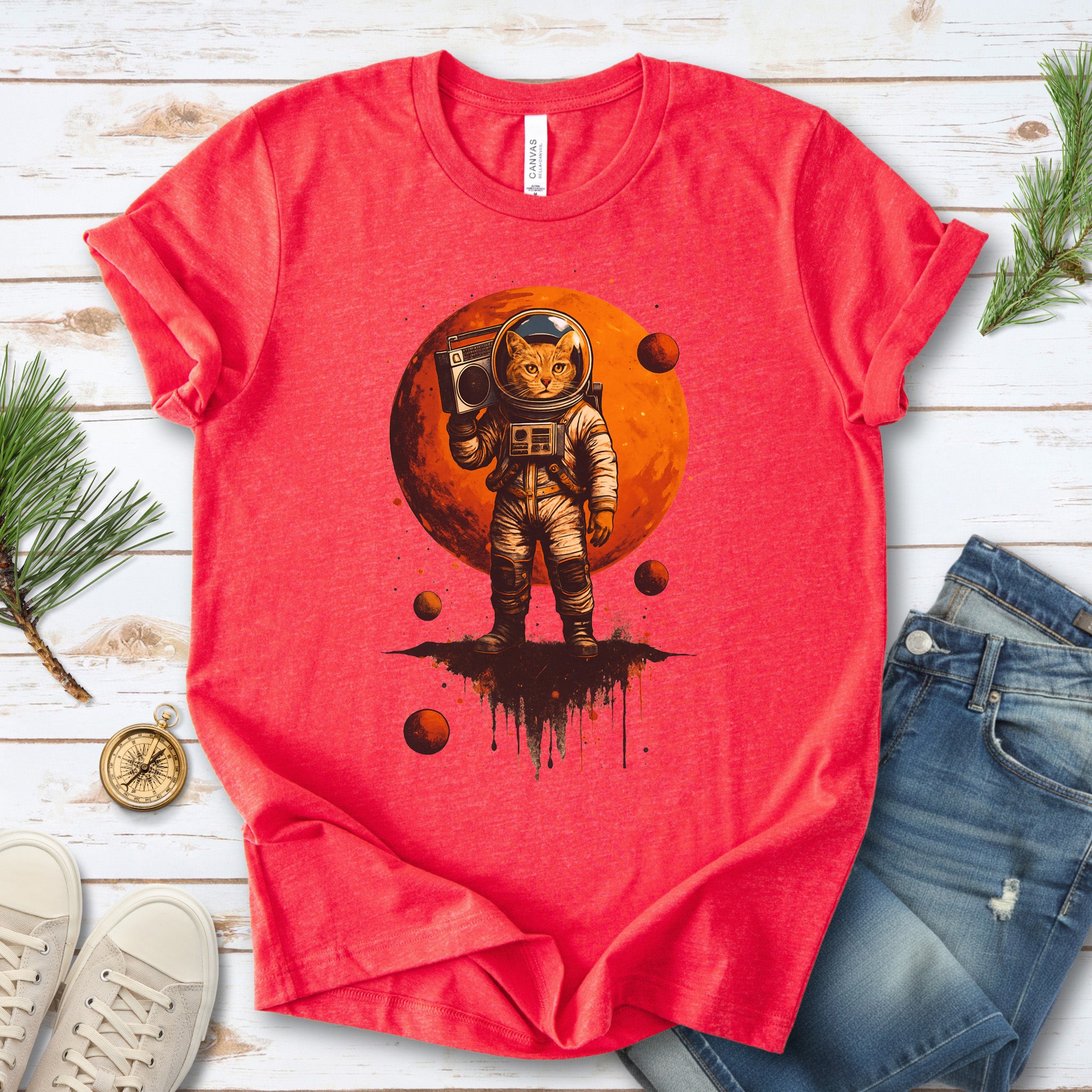 Boombox Cat Astronaut T-Shirt – Retro Space Funk Galaxy Tee