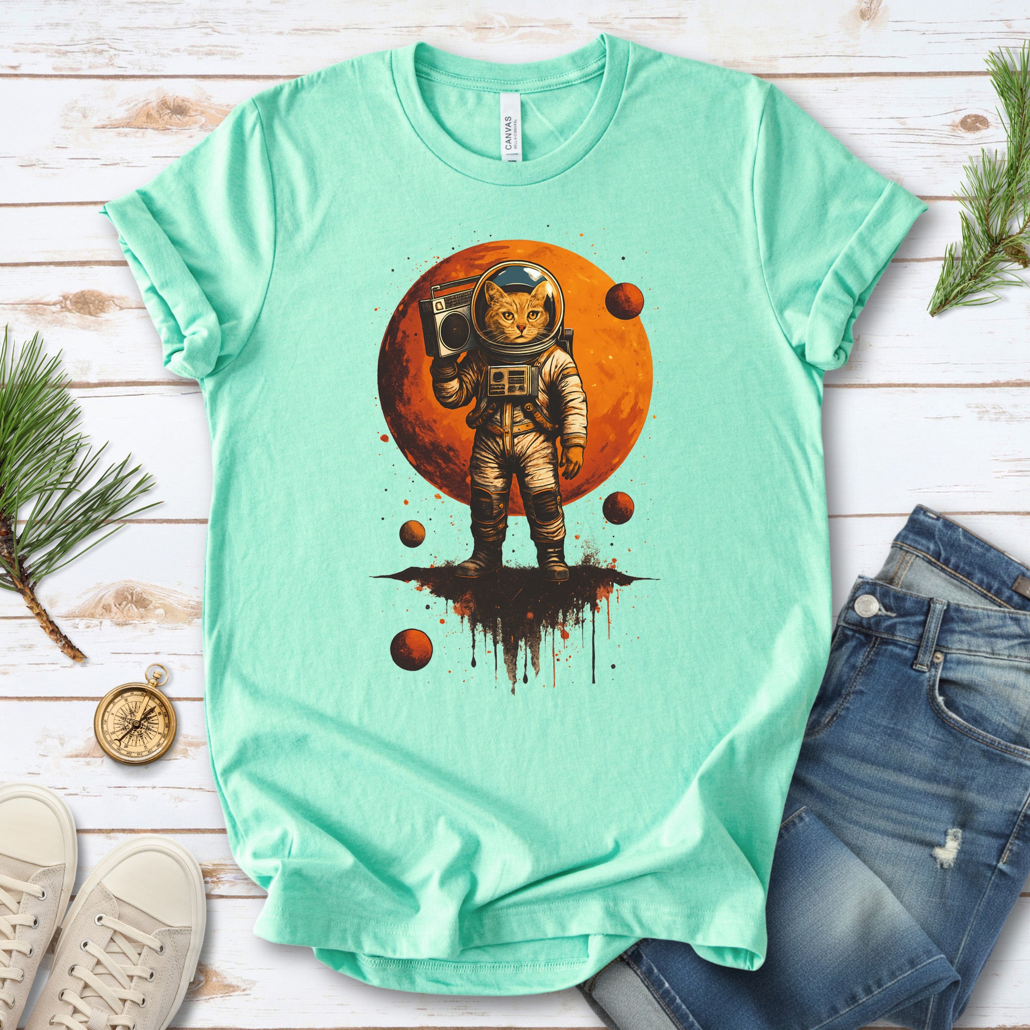Boombox Cat Astronaut T-Shirt – Retro Space Funk Galaxy Tee