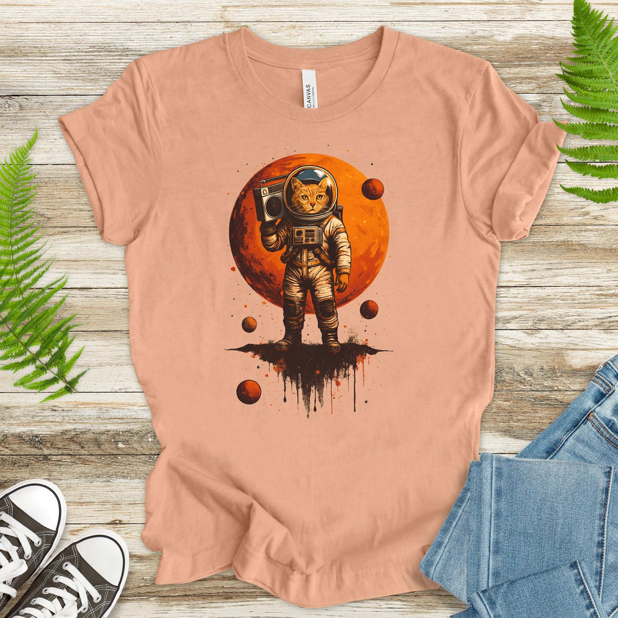 Boombox Cat Astronaut T-Shirt – Retro Space Funk Galaxy Tee