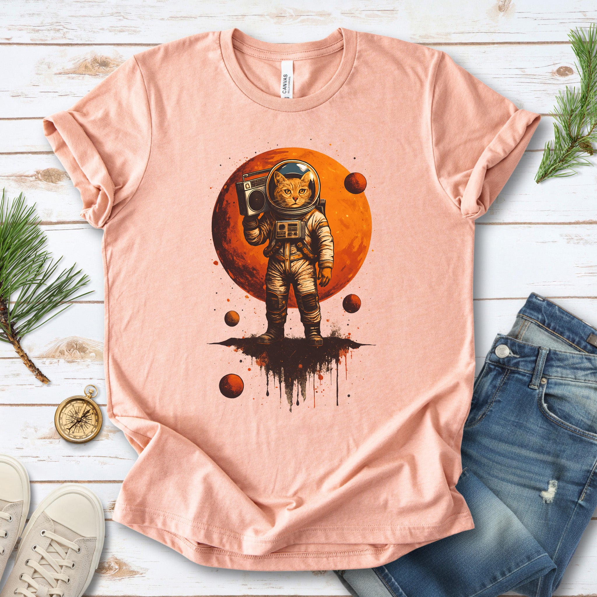 Boombox Cat Astronaut T-Shirt – Retro Space Funk Galaxy Tee