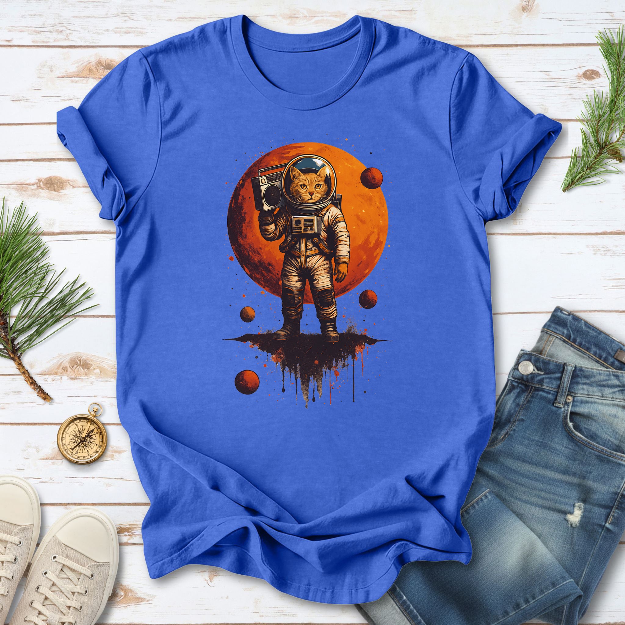 Boombox Cat Astronaut T-Shirt – Retro Space Funk Galaxy Tee