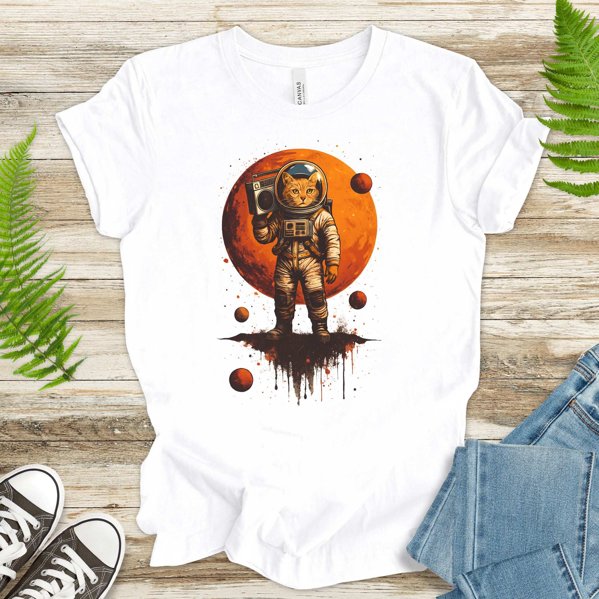 Boombox Cat Astronaut T-Shirt – Retro Space Funk Galaxy Tee