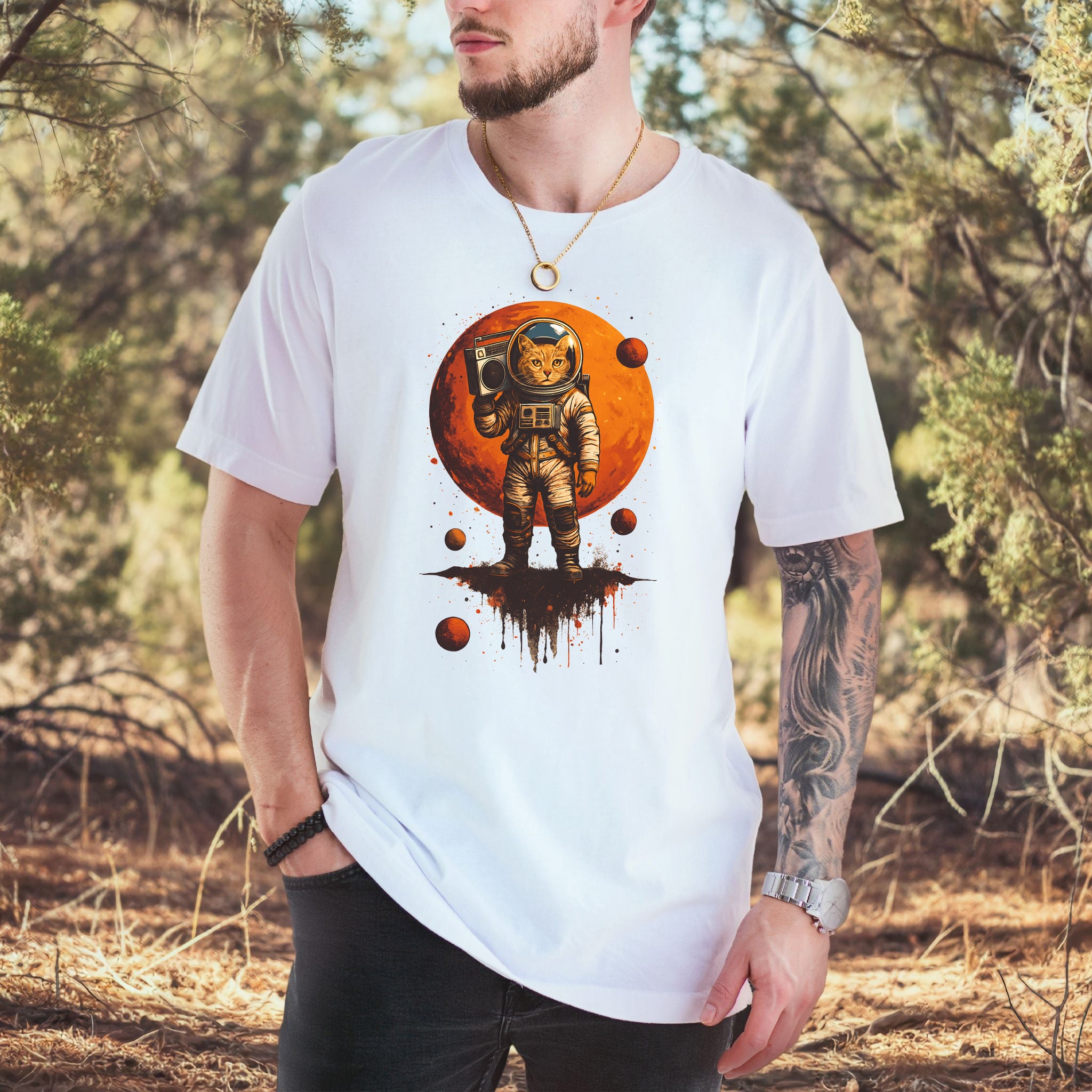 Boombox Cat Astronaut T-Shirt – Retro Space Funk Galaxy Tee