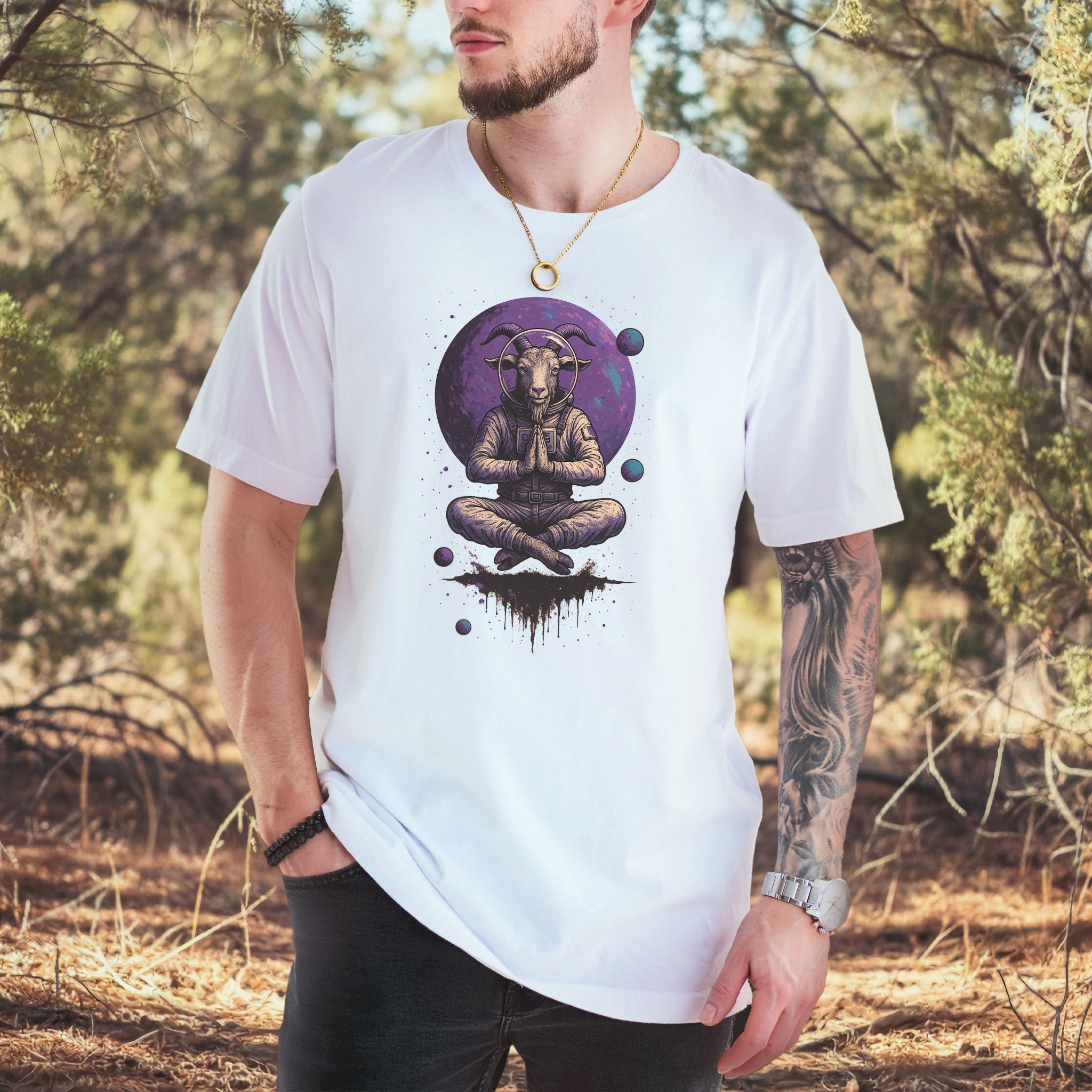 Meditating Goat Astronaut T-Shirt – Zen Cosmic Farm Animal Tee