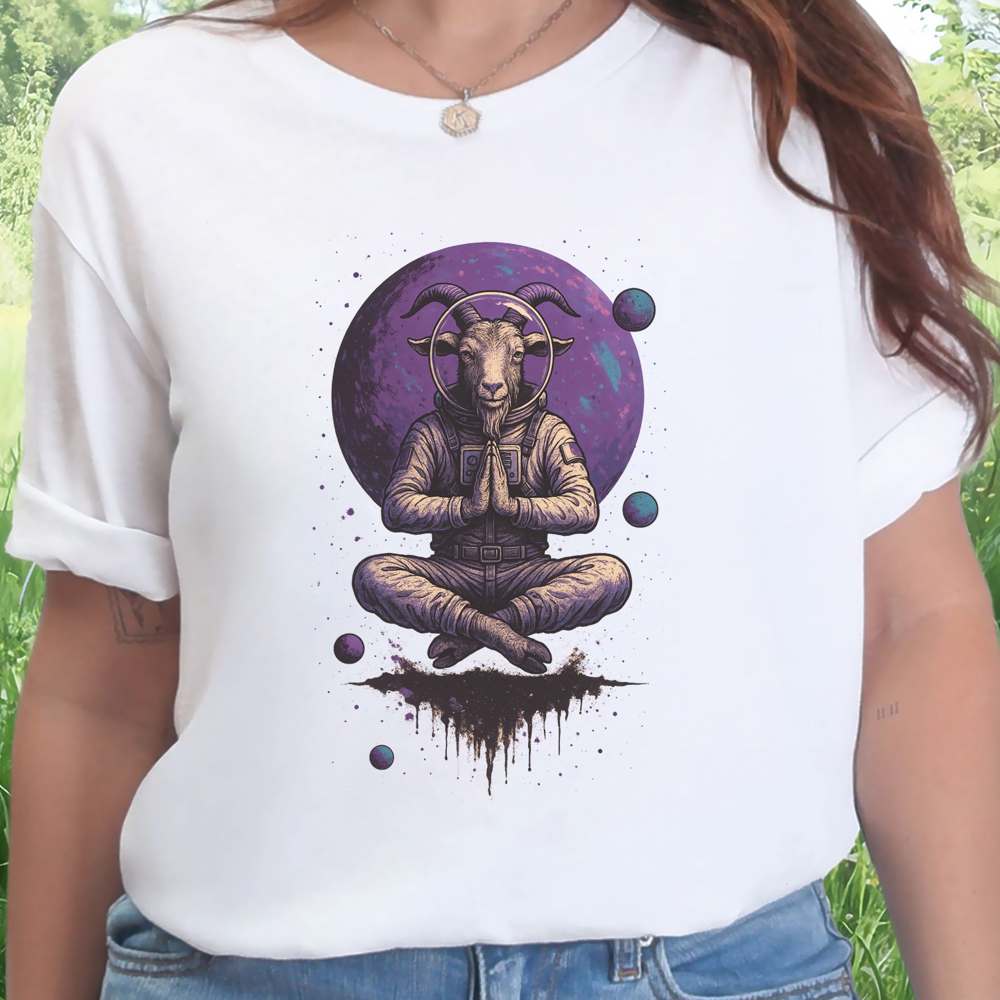 Meditating Goat Astronaut T-Shirt – Zen Cosmic Farm Animal Tee