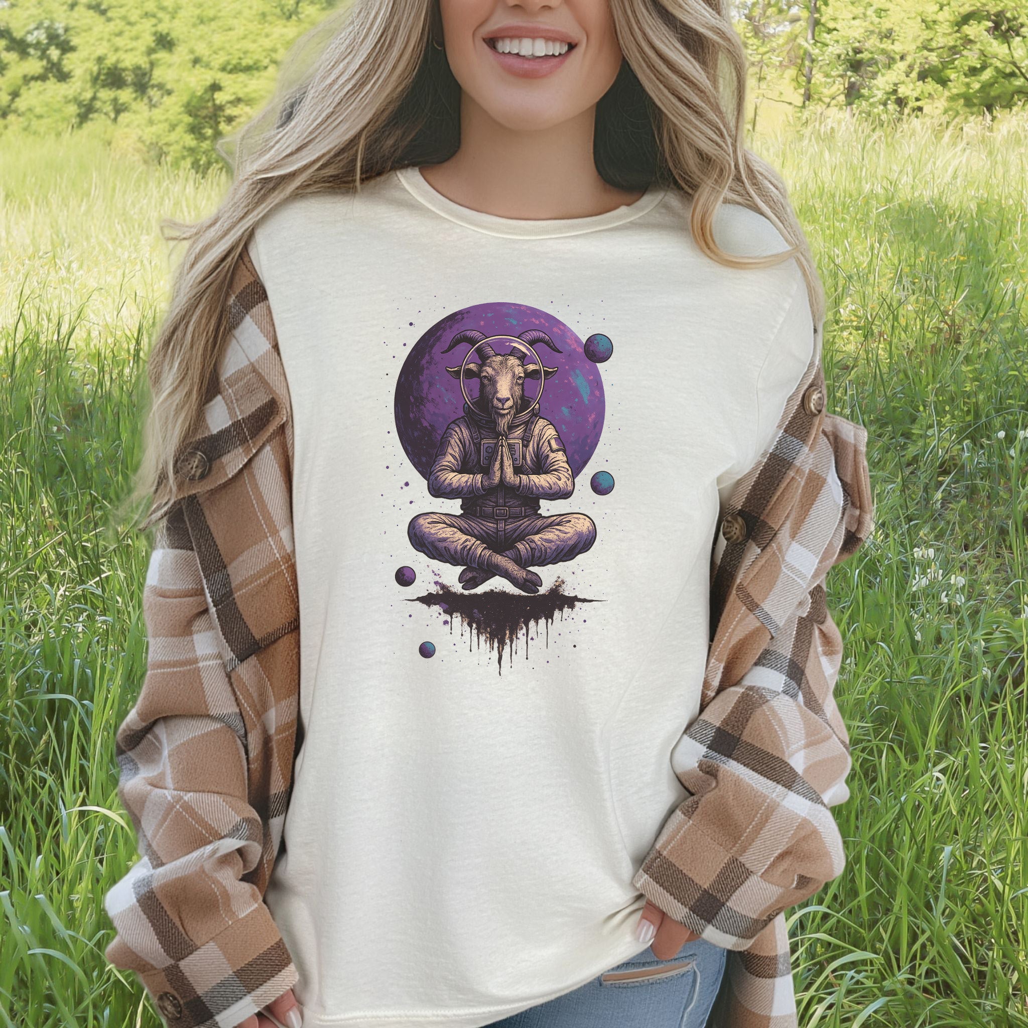 Meditating Goat Astronaut T-Shirt – Zen Cosmic Farm Animal Tee