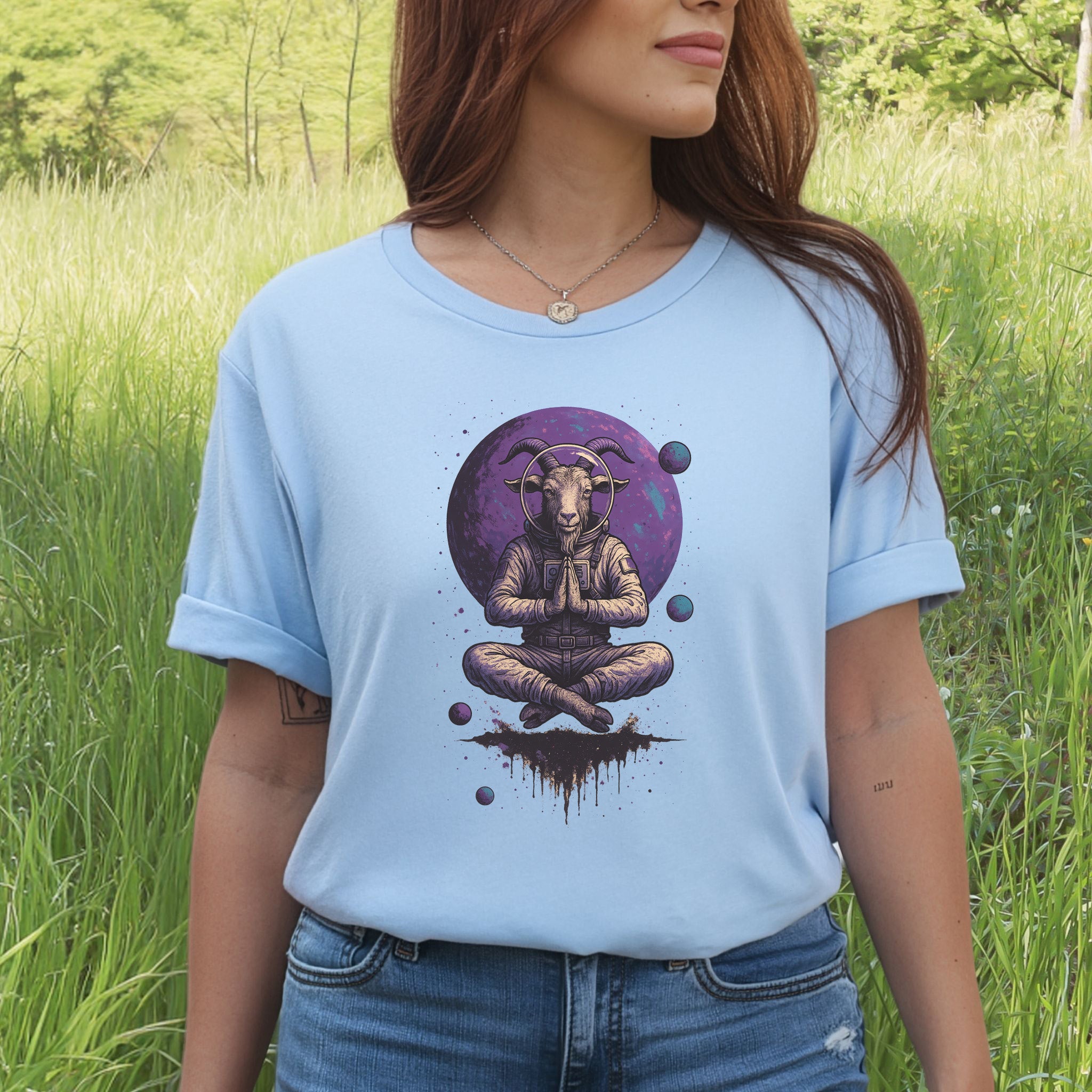 Meditating Goat Astronaut T-Shirt – Zen Cosmic Farm Animal Tee