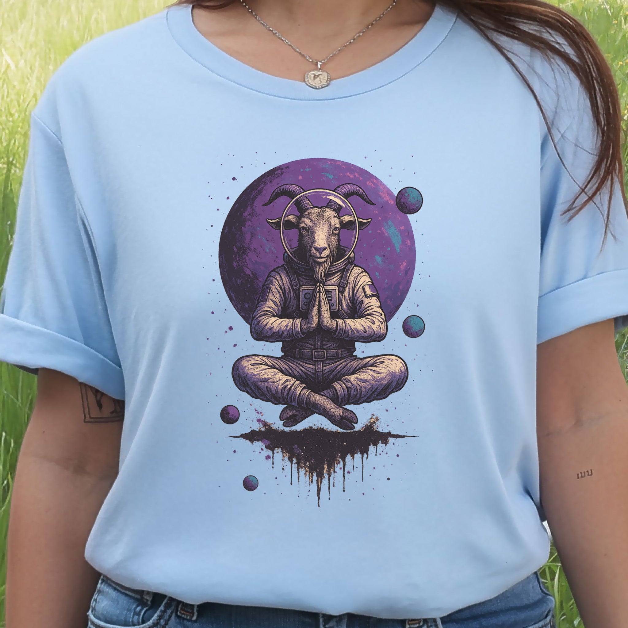 Meditating Goat Astronaut T-Shirt – Zen Cosmic Farm Animal Tee