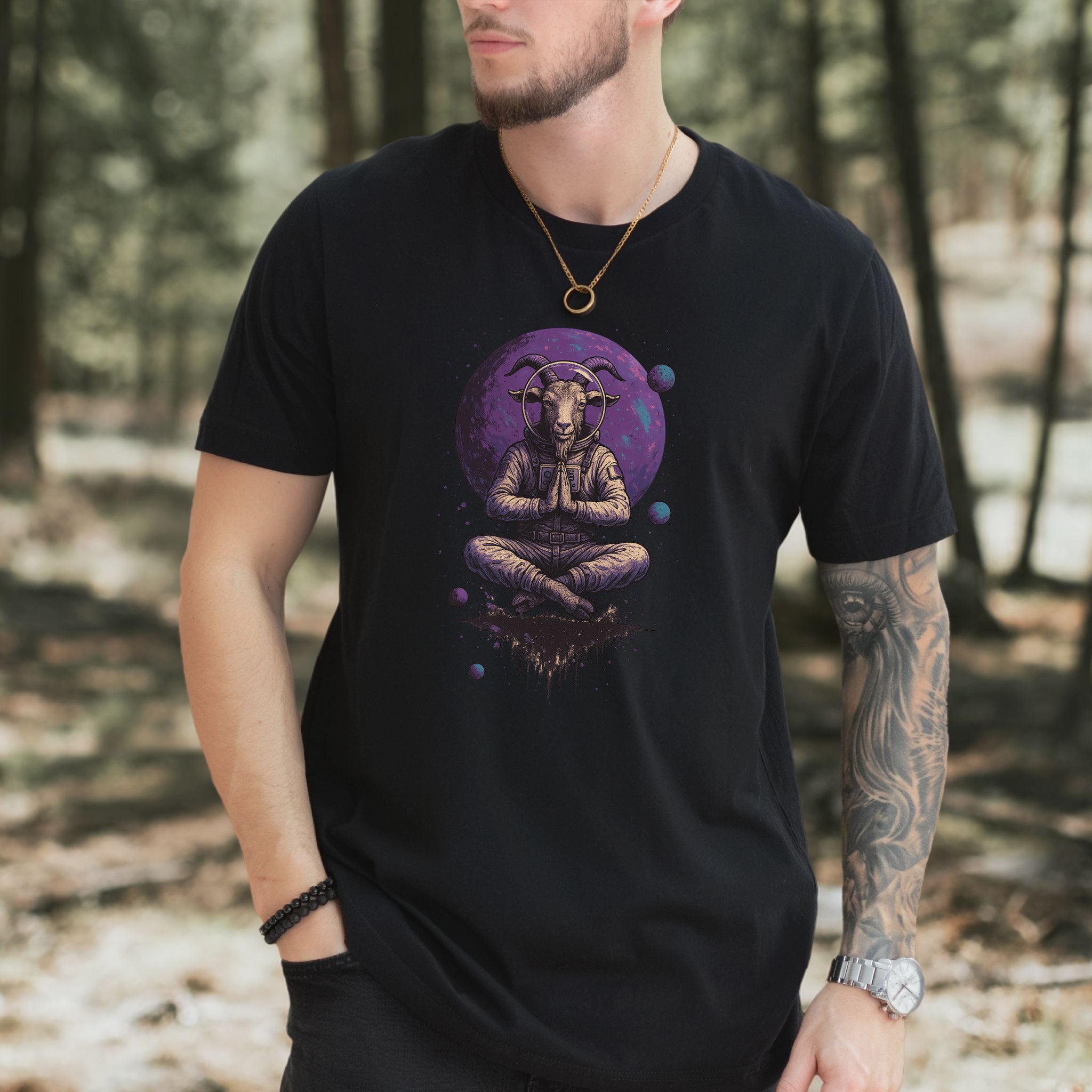 Meditating Goat Astronaut T-Shirt – Zen Cosmic Farm Animal Tee