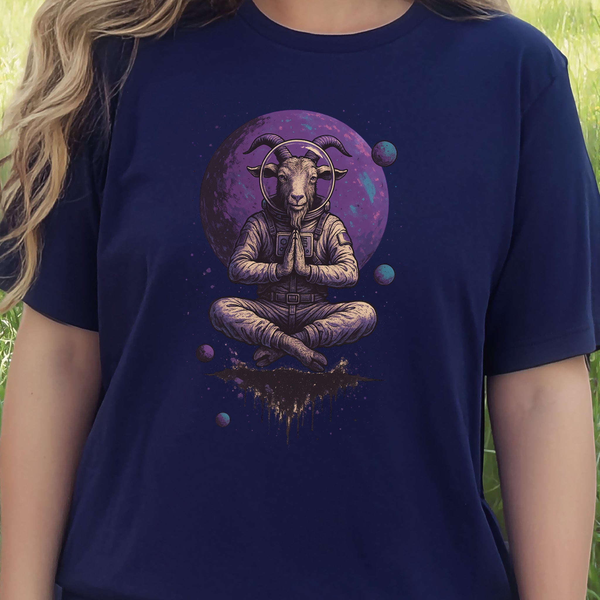 Meditating Goat Astronaut T-Shirt – Zen Cosmic Farm Animal Tee