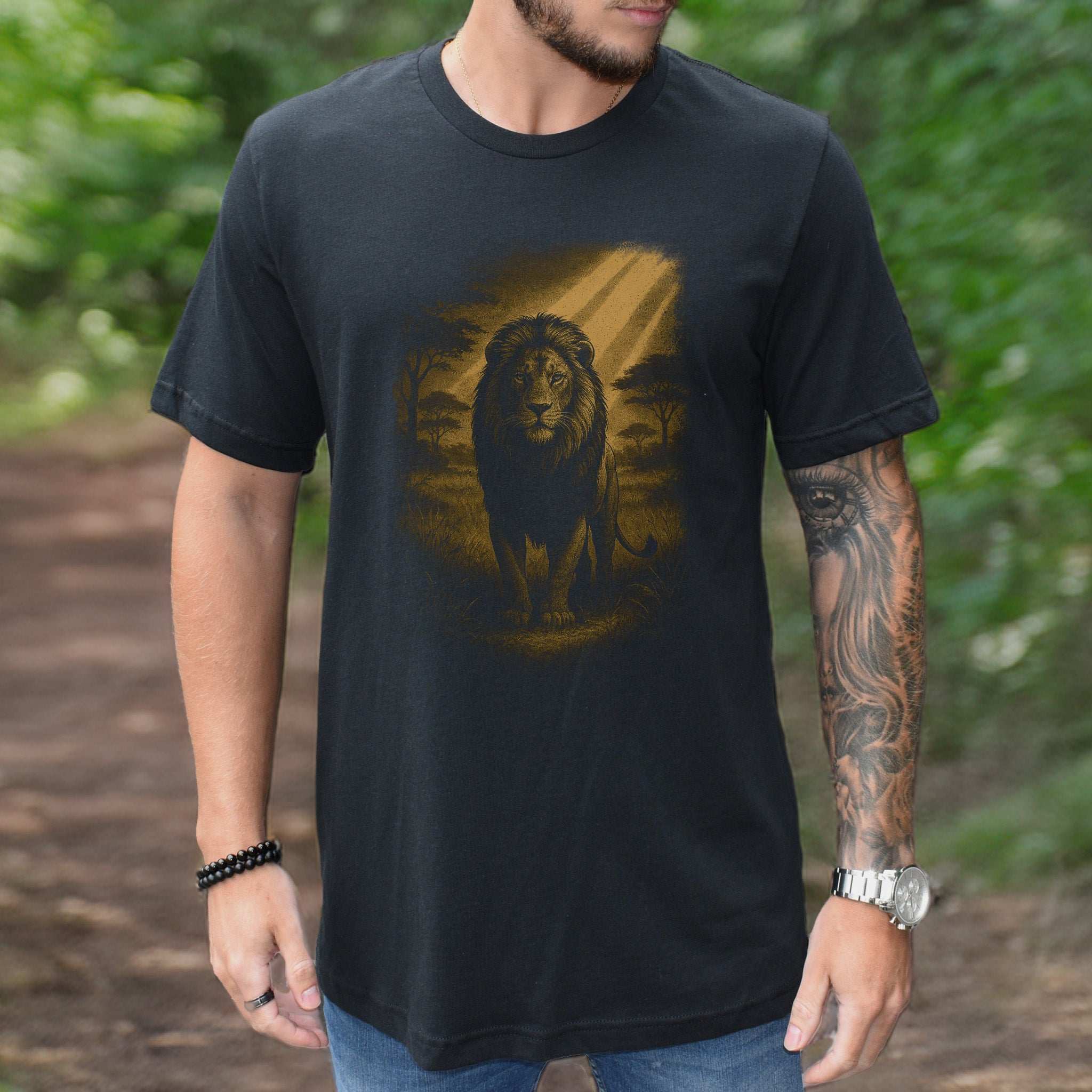 Lion Spirit Animal T-Shirt – Golden Savannah King Vibes featuring a majestic lion design in a natural setting.