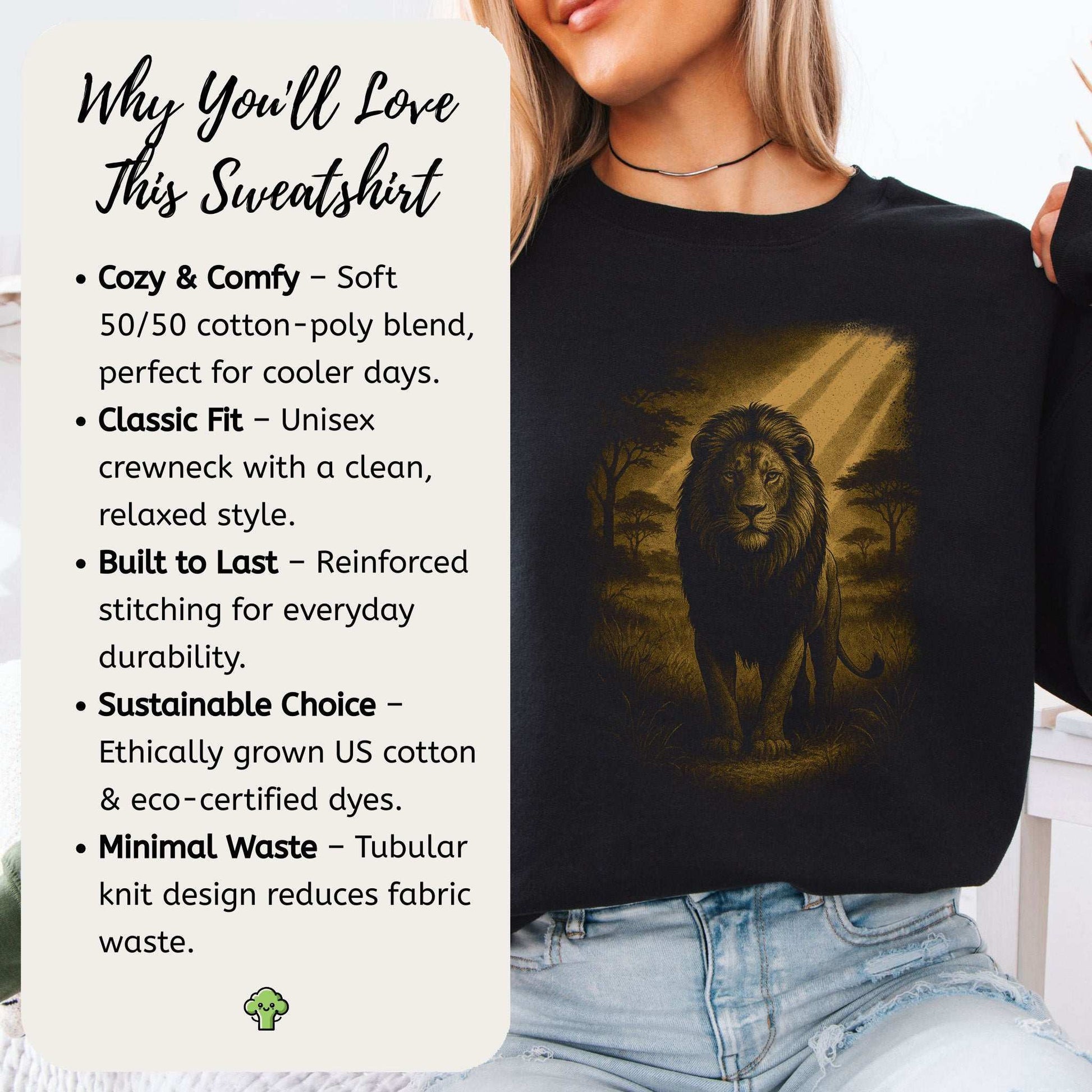 Lion Spirit Animal Sweatshirt – Golden Savannah King Vibes with cozy design and lion graphic.