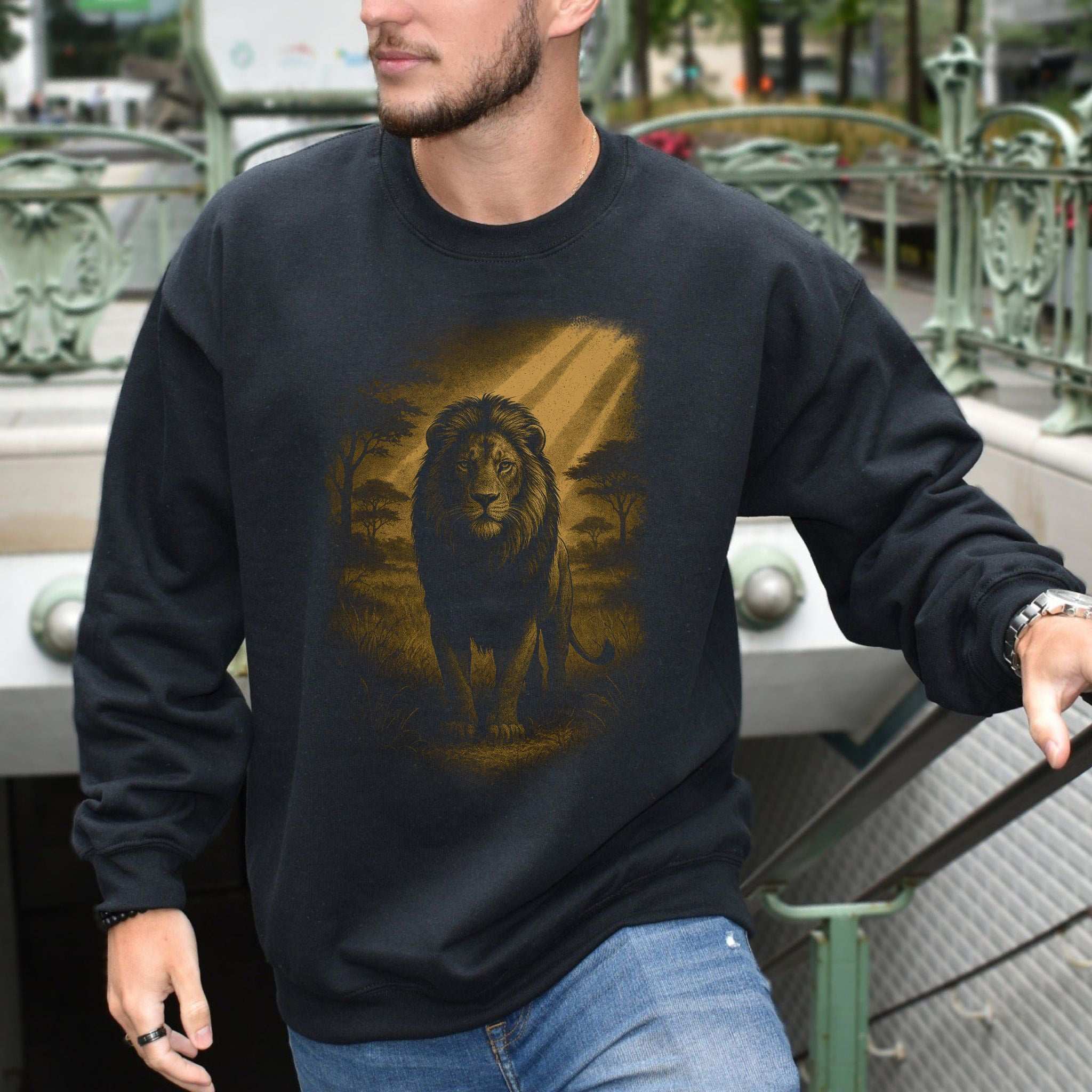 Lion Spirit Animal Sweatshirt – Golden Savannah King Vibes worn by a man, showcasing bold lion graphic in golden hues.