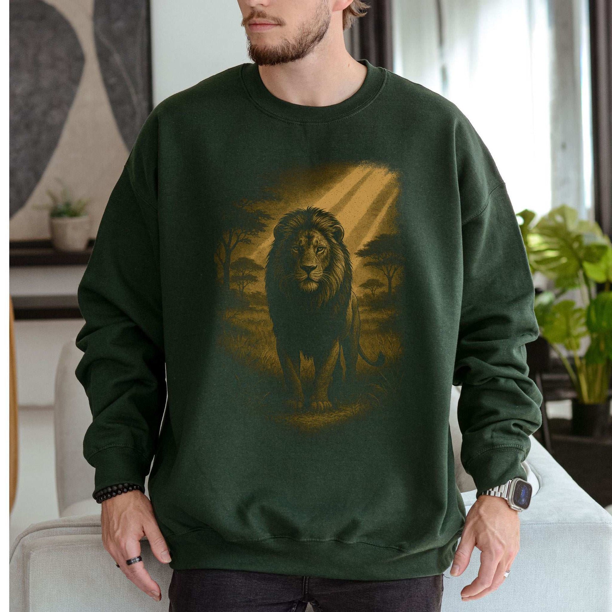 Lion Spirit Animal Sweatshirt – Golden Savannah King Vibes featuring a majestic lion design on a green background.