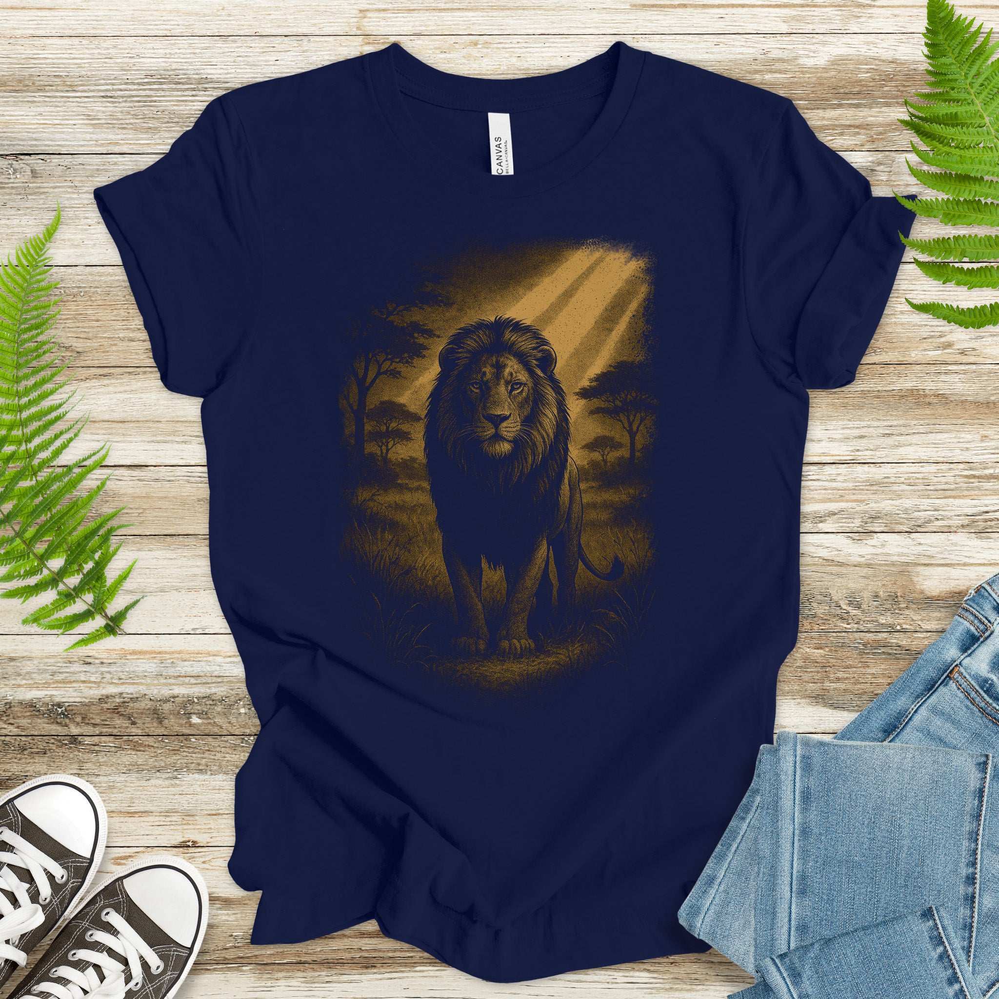 Lion Spirit Animal T-Shirt – Golden Savannah King Vibes featuring a regal lion in a sunlit savannah.