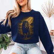 Lion Spirit Animal Sweatshirt – Golden Savannah King Vibes worn by a smiling woman with a lion graphic.