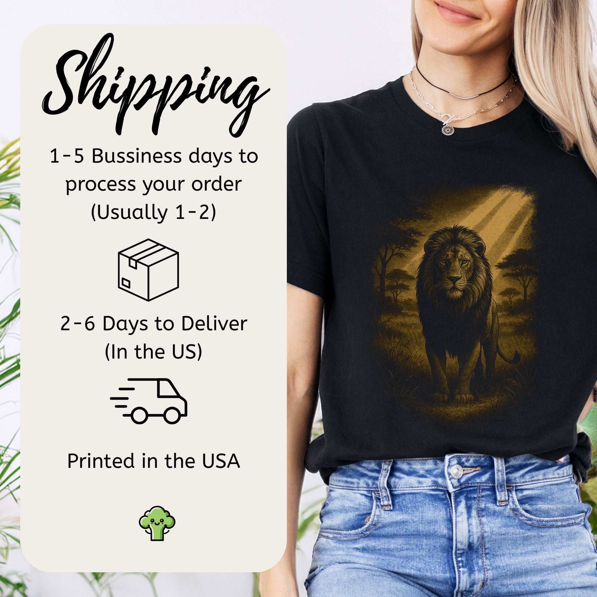 Lion Spirit Animal T-Shirt – Golden Savannah King Vibes with shipping info and delivery details.