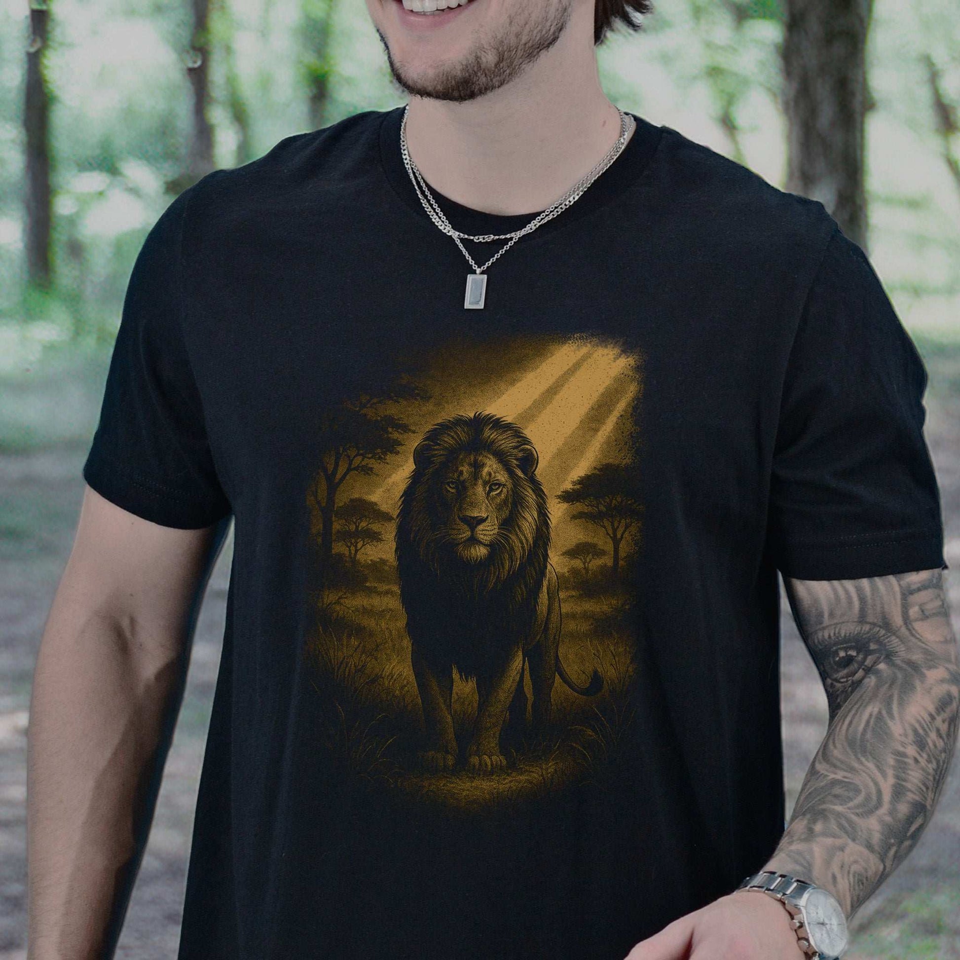 Lion Spirit Animal T-Shirt – Golden Savannah King Vibes worn by a smiling man in a forest.