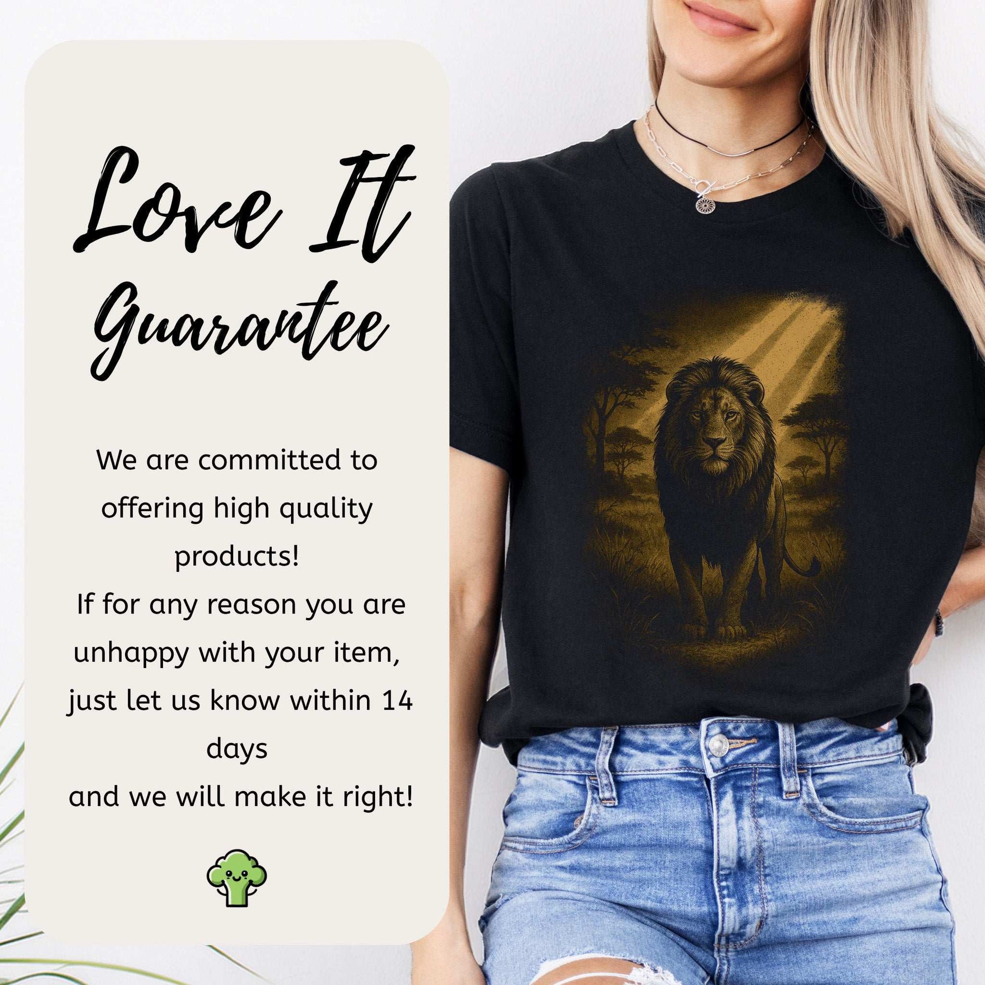 Lion Spirit Animal T-Shirt – Golden Savannah King Vibes with a majestic lion graphic and love it guarantee.